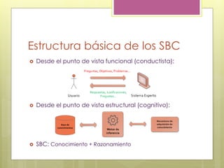 Estructura básica de los SBC
 Desde el punto de vista funcional (conductista):
 Desde el punto de vista estructural (cognitivo):
 SBC: Conocimiento + Razonamiento
 