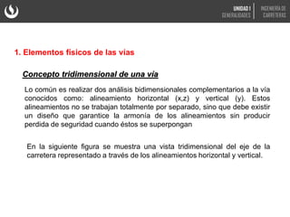 1. Elementos físicos de las vías
Concepto tridimensional de una vía
Lo común es realizar dos análisis bidimensionales complementarios a la vía
conocidos como: alineamiento horizontal (x,z) y vertical (y). Estos
alineamientos no se trabajan totalmente por separado, sino que debe existir
un diseño que garantice la armonía de los alineamientos sin producir
perdida de seguridad cuando éstos se superpongan
En la siguiente figura se muestra una vista tridimensional del eje de la
carretera representado a través de los alineamientos horizontal y vertical.
UNIDAD 1
GENERALIDADES
INGENIERÍA DE
CARRETERAS
 