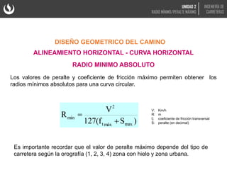 Los valores de peralte y coeficiente de fricción máximo permiten obtener los
radios mínimos absolutos para una curva circular.
DISEÑO GEOMETRICO DEL CAMINO
ALINEAMIENTO HORIZONTAL - CURVA HORIZONTAL
RADIO MINIMO ABSOLUTO
Es importante recordar que el valor de peralte máximo depende del tipo de
carretera según la orografía (1, 2, 3, 4) zona con hielo y zona urbana.
)
S
127(f
V
R
max
máx
t
2
mín


V: Km/h
R: m
ft: coeficiente de fricción transversal
S: peralte (en decimal)
UNIDAD 2
RADIO MÍNIMO/PERALTE MÁXIMO
INGENIERÍA DE
CARRETERAS
 