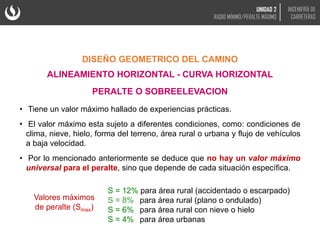 • Tiene un valor máximo hallado de experiencias prácticas.
• El valor máximo esta sujeto a diferentes condiciones, como: condiciones de
clima, nieve, hielo, forma del terreno, área rural o urbana y flujo de vehículos
a baja velocidad.
• Por lo mencionado anteriormente se deduce que no hay un valor máximo
universal para el peralte, sino que depende de cada situación específica.
Valores máximos
de peralte (Smax)
DISEÑO GEOMETRICO DEL CAMINO
ALINEAMIENTO HORIZONTAL - CURVA HORIZONTAL
PERALTE O SOBREELEVACION
S = 12% para área rural (accidentado o escarpado)
S = 8% para área rural (plano o ondulado)
S = 6% para área rural con nieve o hielo
S = 4% para área urbanas
UNIDAD 2
RADIO MÍNIMO/PERALTE MÁXIMO
INGENIERÍA DE
CARRETERAS
 