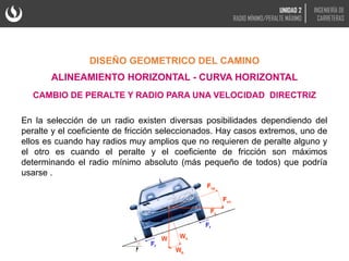 En la selección de un radio existen diversas posibilidades dependiendo del
peralte y el coeficiente de fricción seleccionados. Hay casos extremos, uno de
ellos es cuando hay radios muy amplios que no requieren de peralte alguno y
el otro es cuando el peralte y el coeficiente de fricción son máximos
determinando el radio mínimo absoluto (más pequeño de todos) que podría
usarse .
DISEÑO GEOMETRICO DEL CAMINO
ALINEAMIENTO HORIZONTAL - CURVA HORIZONTAL
CAMBIO DE PERALTE Y RADIO PARA UNA VELOCIDAD DIRECTRIZ
α
UNIDAD 2
RADIO MÍNIMO/PERALTE MÁXIMO
INGENIERÍA DE
CARRETERAS
 