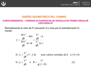 Reemplazando el valor de Fc (ecuación 4) y tan por la sobreelevación S,
resulta:
DISEÑO GEOMETRICO DEL CAMINO
CURVA HORIZONTAL – FUERZAS ACTUANTES EN UN VEHICULO EN TRAMO CIRCULAR
CON PERALTE
(5)
S)
g(
V
R
ó
gR
V
S
0)
S
(
S
de
normales
valores
para
S)
(1
gR
V
S
1
S
gR
V
S
gR
V
W
S
gR
WV
WS
gR
WV
t
2
2
t
t
t
2
t
2
2
2
2
t














f
f
f
f
f
f
UNIDAD 2
RADIO MÍNIMO/PERALTE MÁXIMO
INGENIERÍA DE
CARRETERAS
 