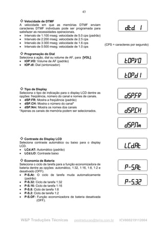 43

    Velocidade de DTMF
A velocidade em que as memórias DTMF enviam
caracteres DTMF individuais pode ser programada para
satisfazer as necessidades operacionais.
• Intervalo de 1:100 mseg; velocidade de 5.0 cps (padrão)
• Intervalo de 2:200 mseg; velocidade de 2.5 cps
• Intervalo de 3:300 mseg; velocidade de 1.6 cps
                                                               (CPS = caracteres por segundo)
• Intervalo de 5:500 mseg; velocidade de 1.0 cps

   Programação do Dial
Seleciona a ação, dial ou volume de AF, para [VOL].
• tOP.VO: Volume de AF (padrão)
• tOP.dl: Dial (sintonizador)




   Tipo de Display
Seleciona o tipo de indicação para o display LCD dentre as
opções: freqüência, número do canal e nomes de canais.
• dSP.FR: Mostra a freqüência (padrão)
• dSP.CH: Mostra o número do canal*
• dSP.Nm: Mostra os nomes dos canais
*Apenas os canais de memória podem ser selecionados.




   Contraste do Display LCD
Seleciona contraste automático ou baixo para o display
LCD.
• LCd.AT: Automático (padrão)
• LCd.LO: Contraste baixo

   Economia de Bateria
Seleciona o ciclo de tarefa para a função economizadora de
bateria dentre as opções: automático, 1:32, 1:16, 1:8, 1:2 e
desativado (OFF).
• P-S.At: O ciclo de tarefa muda automaticamente
   (padrão)
• P-S.32: Ciclo de tarefa 1:32
• P-S.16: Ciclo de tarefa 1:16
• P-S.8: Ciclo de tarefa 1:8
• P-S.2: Ciclo de tarefa 1:2
• P-S.OF: Função economizadora de bateria desativada
             (OFF).




W&P Traduções Técnicas                  pestraducao@terra.com.br         ICV800219112004
 