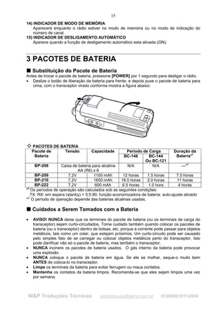 15
14) INDICADOR DE MODO DE MEMÓRIA
    Aparecerá enquanto o rádio estiver no modo de memória ou no modo de indicação do
    número de canal.
15) INDICADOR DE DESLIGAMENTO AUTOMÁTICO
    Aparece quando a função de desligamento automático esta ativada (ON).



3 PACOTES DE BATERIA
T Substituição do Pacote de Bateria
T
Antes de trocar o pacote de bateria, pressione [POWER] por 1 segundo para desligar o rádio.
• Deslize o botão de liberação da bateria para frente, e depois puxe o pacote de bateria para
   cima, com o transceptor virado conforme mostra a figura abaixo:




    PACOTES DE BATERIA
    Pacote de    Tensão             Capacidade        Período de Carga           Duração da
     Bateria                                         BC-146      BC-144           Bateria*1
                                                               Ou BC-121
     BP-208        Caixa de bateria para alcalina     N/A         N/A              —*2
                           AA (R6) x 6
     BP-209           7.2V           1100 mAh      12 horas     1.5 horas       7.5 horas
     BP-210           7.2V           1650 mAh     18.5 horas    2.0 horas       11 horas
     BP-222           7.2V            600 mAh      6.5 horas    1.0 hora         4 horas
*1 Os períodos de operação são calculados sob as seguintes condições:
  TX: RX: em espera (stanby) = 5:5:90, função economizadora de bateria: auto-ajuste ativado
*2 O período de operação depende das baterias alcalinas usadas.

T Cuidados a Serem Tomados com a Bateria
T


•   AVISO! NUNCA deixe que os terminais do pacote de bateria (ou os terminais de carga do
    transceptor) sejam curto-circuitados. Tome cuidado também quando colocar os pacotes de
    bateria (ou o transceptor) dentro de bolsas, etc. porque a corrente pode passar para objetos
    metálicos, tais como um colar, que estejam próximos. Um curto-circuito pode ser causado
    pelo simples fato de se carregar ou colocar objetos metálicos perto do transceptor. Isto
    pode danificar não só o pacote de bateria, mas também o transceptor.
•   NUNCA incinere os pacotes de bateria usados. O gás interno da bateria pode provocar
    uma explosão.
•   NUNCA coloque o pacote de bateria em água. Se ele se molhar, seque-o muito bem
    ANTES de coloca-lo no transceptor.
•   Limpe os terminais da bateria para evitar ferrugem ou maus contatos.
•   Mantenha os contatos da bateria limpos. Recomenda-se que eles sejam limpos uma vez
    por semana.



W&P Traduções Técnicas                  pestraducao@terra.com.br          ICV800219112004
 