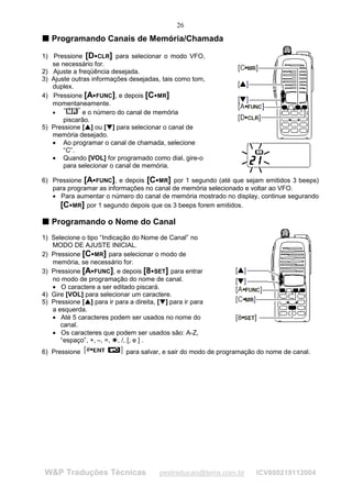 26
T Programando Canais de Memória/Chamada
T



1) Pressione [D CLR] para selecionar o modo VFO,
                                        




   se necessário for.
2) Ajuste a freqüência desejada.
3) Ajuste outras informações desejadas, tais como tom,
   duplex.
4) Pressione [A FUNC], e depois [C MR]
                                                                    




   momentaneamente.
   •          e o número do canal de memória
       piscarão.
5) Pressione [ ] ou [ ] para selecionar o canal de
               ¡
                   ¡




                                           ¢
                                               ¢




   memória desejado.
   • Ao programar o canal de chamada, selecione
       “C”.
   • Quando [VOL] for programado como dial, gire-o
       para selecionar o canal de memória.

6) Pressione [A FUNC], e depois [C MR] por 1 segundo (até que sejam emitidos 3 beeps)
                                                                        




   para programar as informações no canal de memória selecionado e voltar ao VFO.
   • Para aumentar o número do canal de memória mostrado no display, continue segurando
     [C MR] por 1 segundo depois que os 3 beeps forem emitidos.
          




T Programando o Nome do Canal
T


1) Selecione o tipo “Indicação do Nome de Canal” no
   MODO DE AJUSTE INICIAL.
2) Pressione [C MR] para selecionar o modo de
                            




   memória, se necessário for.
3) Pressione [A FUNC], e depois [8 SET] para entrar
                                                                




   no modo de programação do nome de canal.
   • O caractere a ser editado piscará.
4) Gire [VOL] para selecionar um caractere.
5) Pressione [ ] para ir para a direita, [ ] para ir para
               ¡
                   ¡




                                                                           ¢
                                                                               ¢




   a esquerda.
   • Até 5 caracteres podem ser usados no nome do
      canal.
   • Os caracteres que podem ser usados são: A-Z,
      “espaço”, +, –, =, , /, [, e ] .             £




6) Pressione                                           para salvar, e sair do modo de programação do nome de canal.




W&P Traduções Técnicas                                                     pestraducao@terra.com.br   ICV800219112004
 