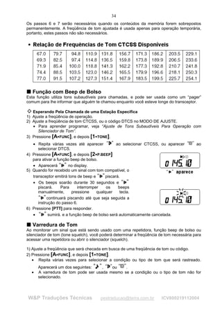34
Os passos 6 e 7 serão necessários quando os conteúdos da memória forem sobrepostos
permanentemente. A freqüência de tom ajustada é usada apenas para operação temporária,
portanto, estes passos não são necessários.




T Função com Beep de Bolso
T
Esta função utiliza tons subaudíveis para chamadas, e pode ser usada como um “pager”
comum para lhe informar que alguém te chamou enquanto você esteve longe do transceptor.

   Esperando Pela Chamada de uma Estação Específica
1) Ajuste a freqüência de operação.
2) Ajuste a freqüência de tom CTCSS, ou o código DTCS no MODO DE AJUSTE.
   • Para aprender programar, veja “Ajuste de Tons Subaudíveis Para Operação com
      Silenciador de Tom”.
3) Pressione [A FUNC], e depois [1 TONE].
                                         




   • Repita várias vezes até aparecer            ao selecionar CTCSS, ou aparecer         ao
      selecionar DTCS.
4) Pressione [A FUNC], e depois [2 P.BEEP]
                                         




   para ativar a função beep de bolso.
   • Aparecerá         no display.
5) Quando for recebido um sinal com tom compatível, o
   transceptor emitirá tons de beep e      piscará.
   • Os beeps soarão durante 30 segundos e
      piscará.     Para     interromper    os     beeps
      manualmente,       pressione    qualquer     tecla.
           continuará piscando até que seja seguida a
      instrução do passo 6.
6) Pressione [PTT] para responder.
   •        sumirá. e a função beep de bolso será automaticamente cancelada.

T Varredura de Tom
T
Ao monitorar um sinal que está sendo usado com uma repetidora, função beep de bolso ou
silenciador de tom (tone squelch), você poderá determinar a freqüência de tom necessária para
acessar uma repetidora ou abrir o silenciador (squelch).

1) Ajuste a freqüência que será checada em busca de uma freqüência de tom ou código.
2) Pressione [A FUNC], e depois [1 TONE].
                                     




   • Repita várias vezes para selecionar a condição ou tipo de tom que será rastreado.
        Aparecerá um dos seguintes:    ,   ou    .
    •   A varredura de tom pode ser usada mesmo se a condição ou o tipo de tom não for
        selecionado.




W&P Traduções Técnicas                      pestraducao@terra.com.br    ICV800219112004
 
