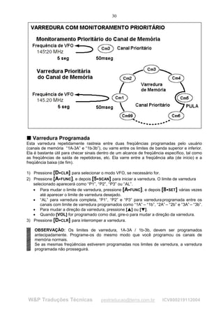30




T Varredura Programada
T
Esta varredura repetidamente rastreia entre duas freqüências programadas pelo usuário
(canais de memória “1A-3A” e “1b-3b”), ou varre entre os limites de banda superior e inferior.
Ela é bastante útil para checar sinais dentro de um alcance de freqüência específico, tal como
as freqüências de saída de repetidoras, etc. Ela varre entre a freqüência alta (de início) e a
freqüência baixa (de fim).

1) Pressione [D CLR] para selecionar o modo VFO, se necessário for.
                      




2) Pressione [A FUNC], e depois [5 SCAN] para iniciar a varredura. O limite de varredura
                                      




   selecionado aparecerá como “P1”, “P2”, “P3” ou “AL”.
   • Para mudar o limite de varredura, pressione [A FUNC], e depois [8 SET] várias vezes
                                                                            




       até aparecer o limite de varredura desejado.
   • “AL” para varredura completa, “P1”, “P2” e “P3” para varredura programada entre os
       canais com limite de varredura programados como “1A” – “1b”, “2A” – “2b” e “3A” – “3b”.
   • Para mudar a direção da varredura, pressione [ ] ou [ ].
                                                      ¡
                                                          ¡




                                                                  ¢
                                                                      ¢




   • Quando [VOL] for programado como dial, gire-o para mudar a direção da varredura.
3) Pressione [D CLR] para interromper a varredura.
                      




    OBSERVAÇÃO: Os limites de varredura, 1A-3A / 1b-3b, devem ser programados
    antecipadamente. Programe-os do mesmo modo que você programou os canais de
    memória normais.
    Se as mesmas freqüências estiverem programadas nos limites de varredura, a varredura
    programada não prosseguirá.




W&P Traduções Técnicas                   pestraducao@terra.com.br         ICV800219112004
 
