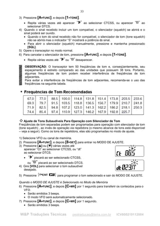 33
3) Pressione [A FUNC], e depois [1 TONE].
                                           




   • Repita várias vezes até aparecer           ao selecionar CTCSS, ou aparecer         ao
      selecionar DTCS.
4) Quando o sinal recebido incluir um tom compatível, o silenciador (squelch) se abrirá e o
   sinal poderá ser ouvido.
   • Quando o tom do sinal recebido não for compatível, o silenciador de tom (tone squelch)
      não se abrirá mas o indicador “S” mostrará a potência do sinal.
   • Para abrir o silenciador (squelch) manualmente, pressione e mantenha pressionado
      [SQL].
5) Opere o transceptor no modo normal.
6) Para cancelar o silenciador de tom, pressione [A FUNC], e depois [1 TONE].
                                                                              




   • Repita várias vezes até            ou         desaparecer.

    OBSERVAÇÃO: O transceptor tem 50 freqüências de tom e, conseqüentemente, seu
    espaçamento é estreito comparado ao das unidades que possuem 38 tons. Portanto,
    algumas freqüências de tom podem receber interferência de freqüências de tom
    adjacentes.
    Para evitar a interferência de freqüências de tom adjacentes, recomenda-se o uso das
    freqüências na seguinte tabela.




    Ajuste de Tons Subaudíveis Para Operação com Silenciador de Tom
Freqüências de tom separadas podem ser programadas para operação com silenciador de tom
(tone squelch) , ao invés de operação via repetidora (o mesmo alcance de tons está disponível
– veja a seguir). Como os tons de repetidora, elas são programadas no modo de ajuste.

1) Selecione VFO ou canal de memória.
2) Pressione [A FUNC], e depois [8 SET] para entrar no MODO DE AJUSTE.
                                           




3) Pressione [ ] ou [ ] várias vezes até
               ¡
                   ¡




                           ¢

                               ¢




    aparecer “Ct” ao selecionar CTCSS, ou “dt”
    ao selecionar DTCS.
   •       piscará ao ser selecionado CTCSS,
      ou     piscará ao ser selecionado DTCS.
4) Gire [VOL] para selecionar o tom subaudível
   desejado.
5) Pressione                       para programar o tom selecionado e sair do MODO DE AJUSTE.

Quando o MODO DE AJUSTE é Selecionado no Modo de Memória
6) Pressione [A FUNC], e depois [C MR] por 1 segundo para transferir os conteúdos para o
                                               




   VFO.
   • Serão emitidos 3 beeps.
   • O modo VFO será automaticamente selecionado.
7) Pressione [A FUNC], e depois [C MR] por 1 segundo.
                                               




   • Serão emitidos 3 beeps.


W&P Traduções Técnicas                            pestraducao@terra.com.br       ICV800219112004
 