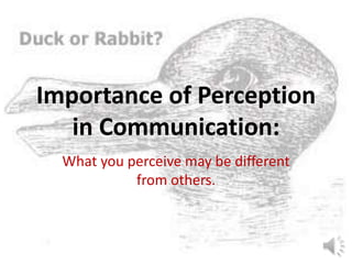 Importance of Perception
in Communication:
What you perceive may be different
from others.
 