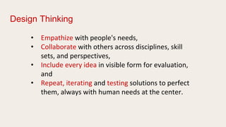 Design Thinking
• Empathize with people's needs,
• Collaborate with others across disciplines, skill
sets, and perspectives,
• Include every idea in visible form for evaluation,
and
• Repeat, iterating and testing solutions to perfect
them, always with human needs at the center.
 