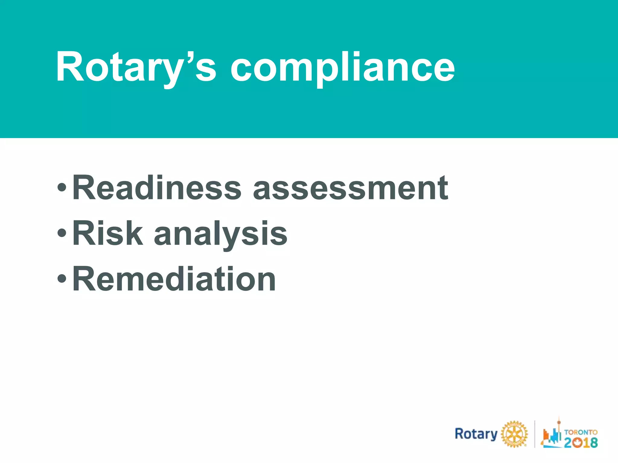 •Readiness assessment
•Risk analysis
•Remediation
Rotary’s compliance
 
