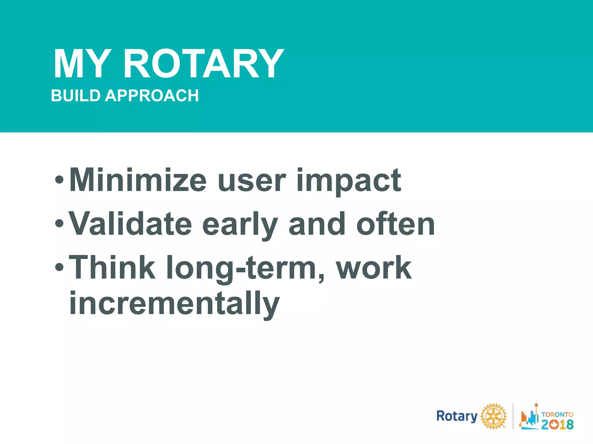 •Minimize user impact
•Validate early and often
•Think long-term, work
incrementally
MY ROTARY
BUILD APPROACH
 