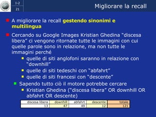 Migliorare la recall A migliorare la recall  gestendo sinonimi e multilingua Cercando su Google Images Kristian Ghedina “discesa libera” ci vengono ritornate tutte le immagini con cui quelle parole sono in relazione, ma non tutte le immagini perché quelle di siti anglofoni saranno in relazione con “downhill” quelle di siti tedeschi con “abfahrt” quelle di siti francesi con “descente” Sapendo tutto ciò il motore potrebbe cercare Kristian Ghedina (“discesa libera” OR downhill OR abfahrt OR descente) discesa libera downhill abfahrt descente totale 13 47 49 12 121 