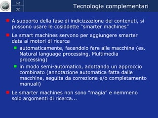 Tecnologie complementari A supporto della fase di indicizzazione dei contenuti, si possono usare le cosiddette “smarter machines” Le smart machines servono per aggiungere smarter data ai motori di ricerca  automaticamente, facendolo fare alle macchine (es. Natural language processing, Multimedia processing) in modo semi-automatico, adottando un approccio combinato (annotazione automatica fatta dalle macchine, seguita da correzione e/o completamento manuali)  Le smarter machines non sono “magia” e nemmeno solo argomenti di ricerca... 