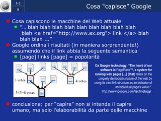 Cosa “capisce” Google Cosa capiscono le macchine del Web attuale ”…  blah blah blah blah blah blah blah blah blah   blah <a href=“http://www.ex.org”> link </a> blah blah blah ...” Google ordina i risultati (in maniera sorprendente!) assumendo che il link abbia la seguente semantica [page] links [page] = popolarità conclusione: per “capire” non si intende il capire umano, ma solo l’elaborabilità da parte delle macchine Da Google technology: “The heart of our software is  PageRank™ , a system for ranking web pages […] (that)  relies on the uniquely democratic nature of the web by using its vast link structure as an indicator of an individual page's value .”  http:// www.google.com /technology/   