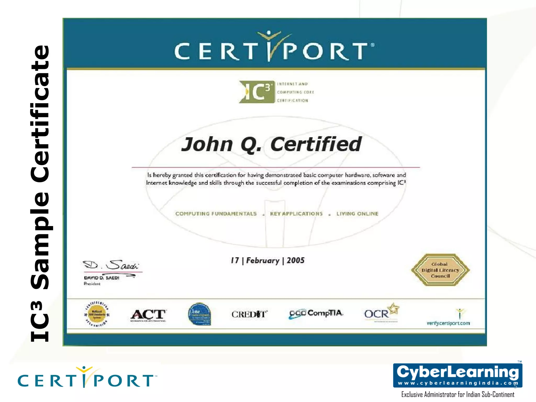 IC³ Sample Certificate 