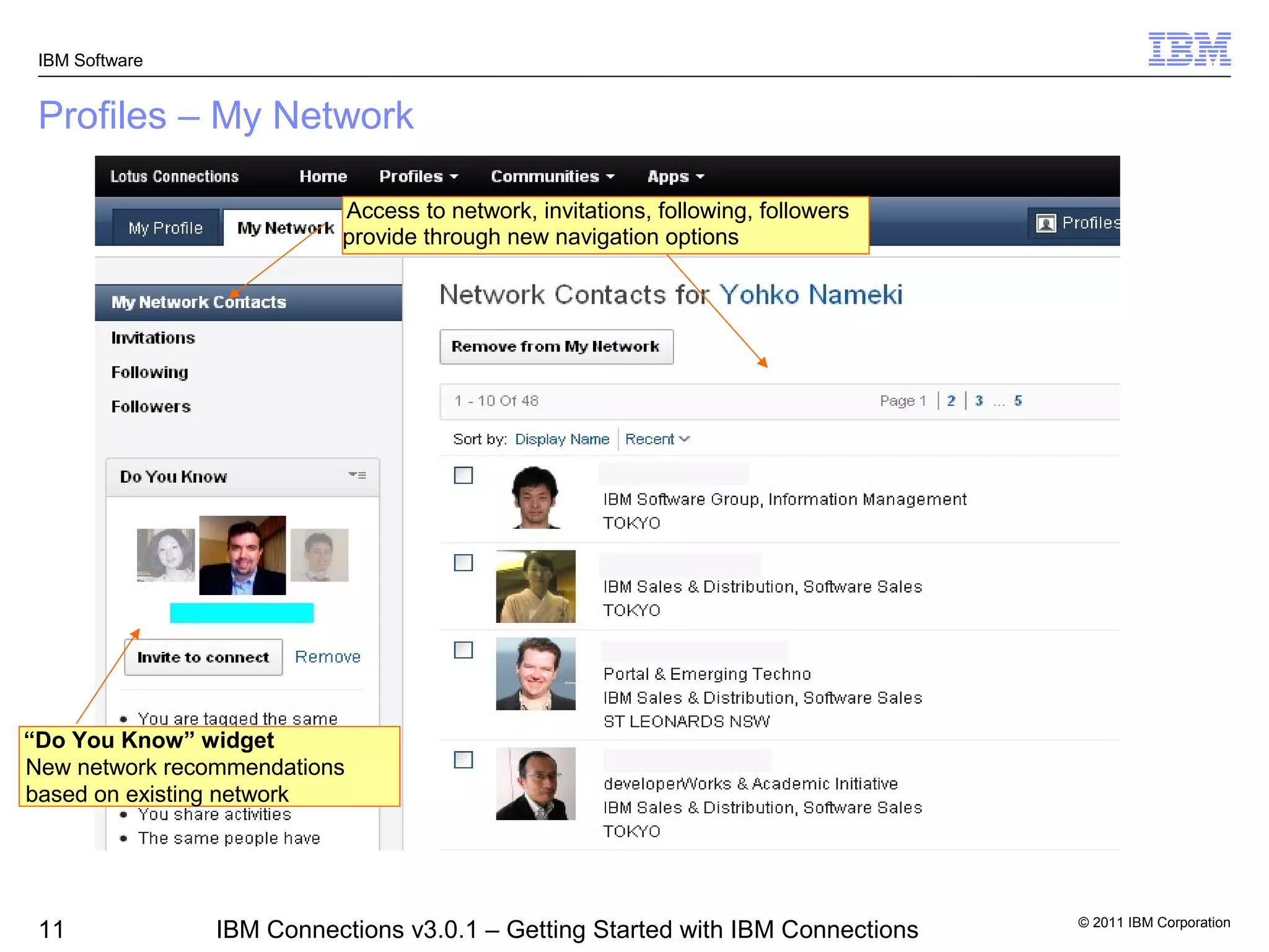 IBM Software


 Profiles – My Network

                          Access to network, invitations, following, followers
                          provide through new navigation options




“Do You Know” widget
New network recommendations
based on existing network




                                                                                 © 2011 IBM Corporation
 11             IBM Connections v3.0.1 – Getting Started with IBM Connections
 