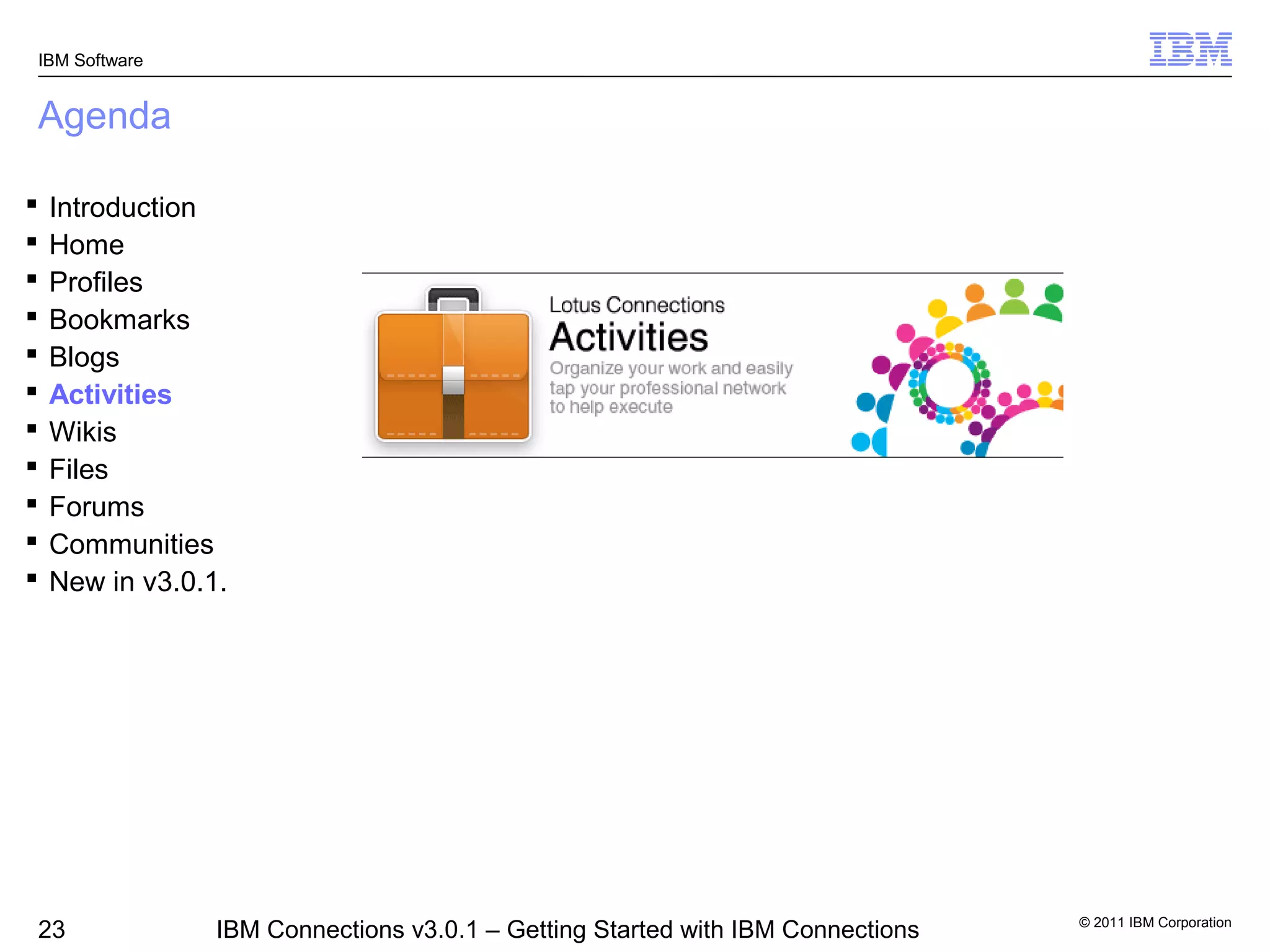 IBM Software


Agenda

   Introduction
   Home
   Profiles
   Bookmarks
   Blogs
   Activities
   Wikis
   Files
   Forums
   Communities
   New in v3.0.1.




                                                                                 © 2011 IBM Corporation
23               IBM Connections v3.0.1 – Getting Started with IBM Connections
 