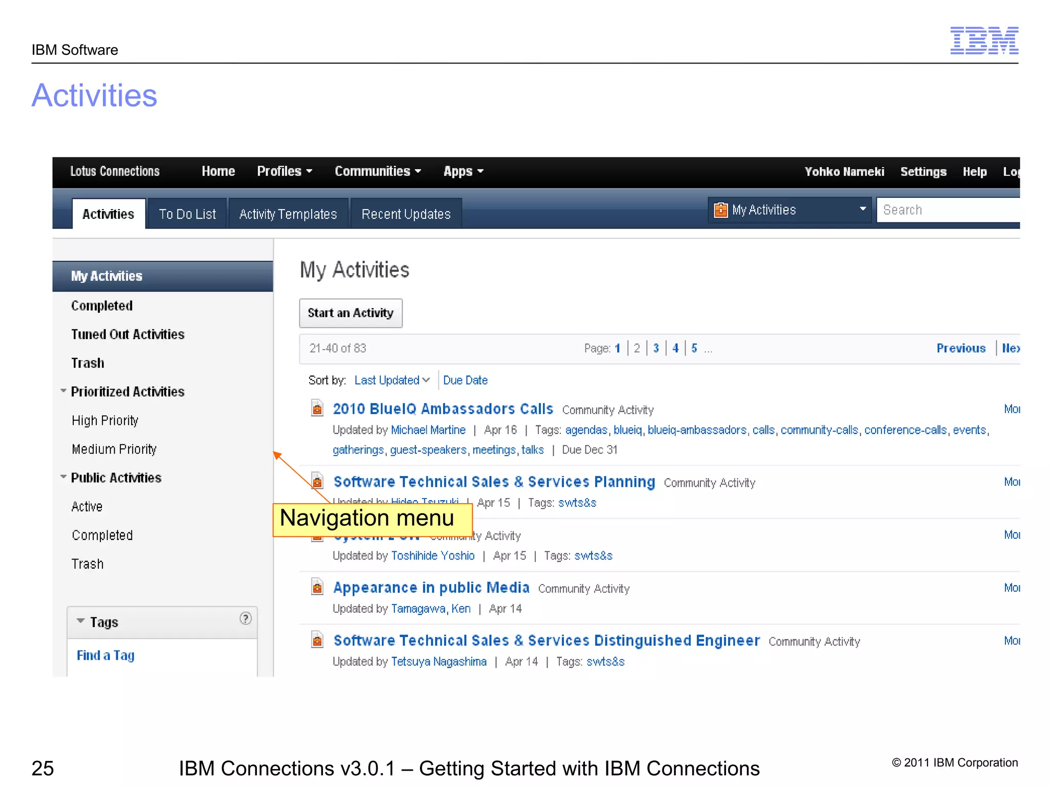 IBM Software


Activities




                         Navigation menu




                                                                               © 2011 IBM Corporation
25             IBM Connections v3.0.1 – Getting Started with IBM Connections
 