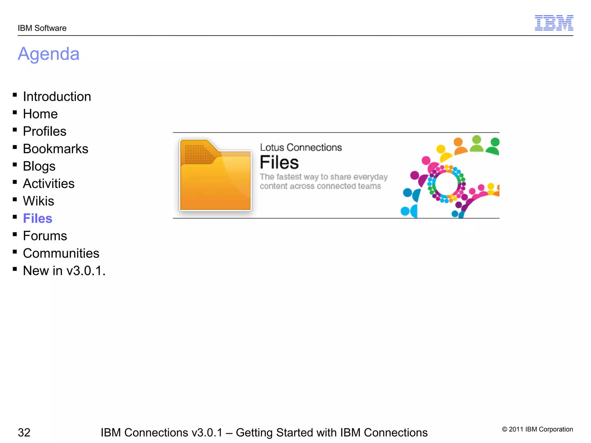 IBM Software


Agenda

   Introduction
   Home
   Profiles
   Bookmarks
   Blogs
   Activities
   Wikis
   Files
   Forums
   Communities
   New in v3.0.1.




                                                                                 © 2011 IBM Corporation
32               IBM Connections v3.0.1 – Getting Started with IBM Connections
 