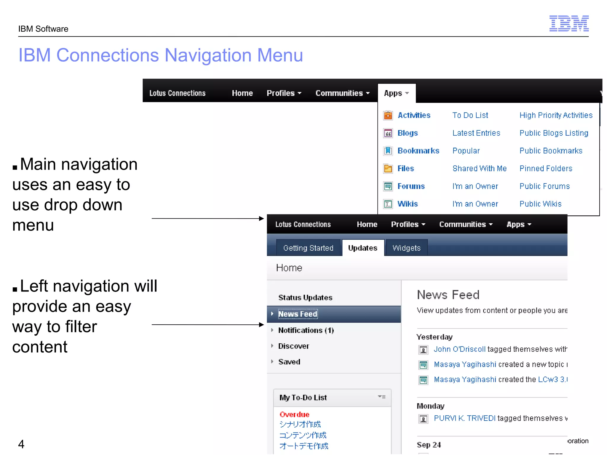 IBM Software


    IBM Connections Navigation Menu




■Main navigation
uses an easy to
use drop down
menu


■Left navigation will
provide an easy
way to filter
content




                                      © 2011 IBM Corporation
    4
 