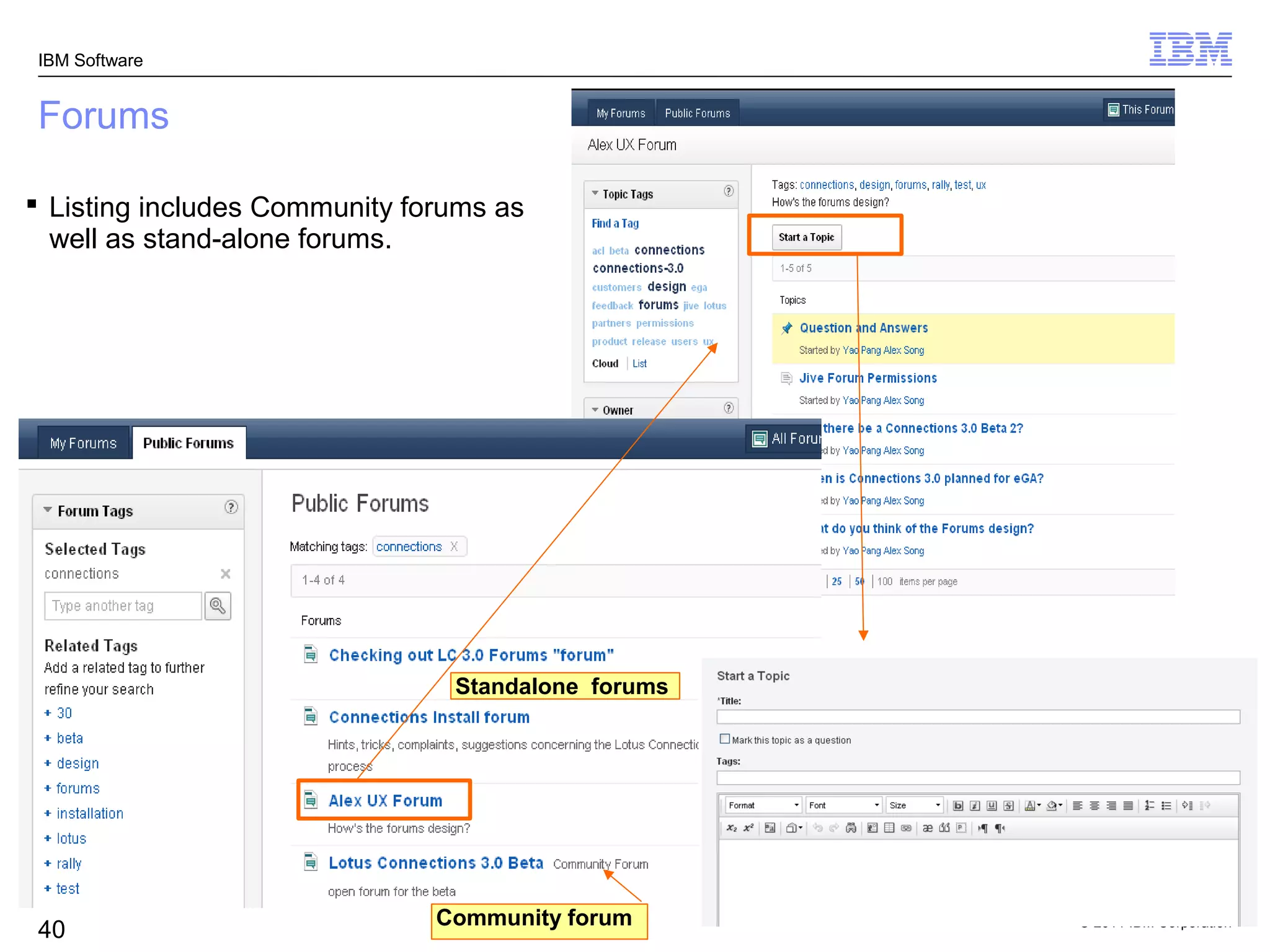 IBM Software


Forums

 Listing includes Community forums as
  well as stand-alone forums.




                                Standalone forums




                               Community forum      © 2011 IBM Corporation
40
 