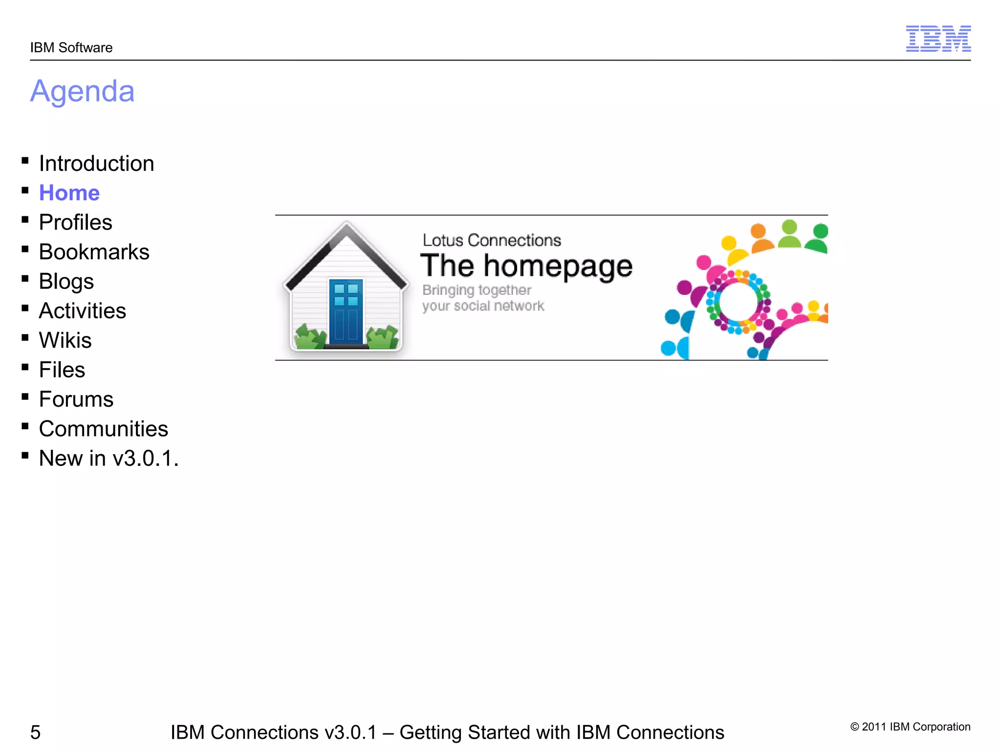 IBM Software


Agenda

   Introduction
   Home
   Profiles
   Bookmarks
   Blogs
   Activities
   Wikis
   Files
   Forums
   Communities
   New in v3.0.1.




                                                                                 © 2011 IBM Corporation
5                IBM Connections v3.0.1 – Getting Started with IBM Connections
 