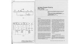 Turing and program proving
• A.M. Turing, “Checking a large routine” (1949)
• F.L. Morris & C.B. Jones, An Early Program
Proof by Alan Turing, IEEE Annals of the
History of Computing, 6(2):139–143, 1984.
 