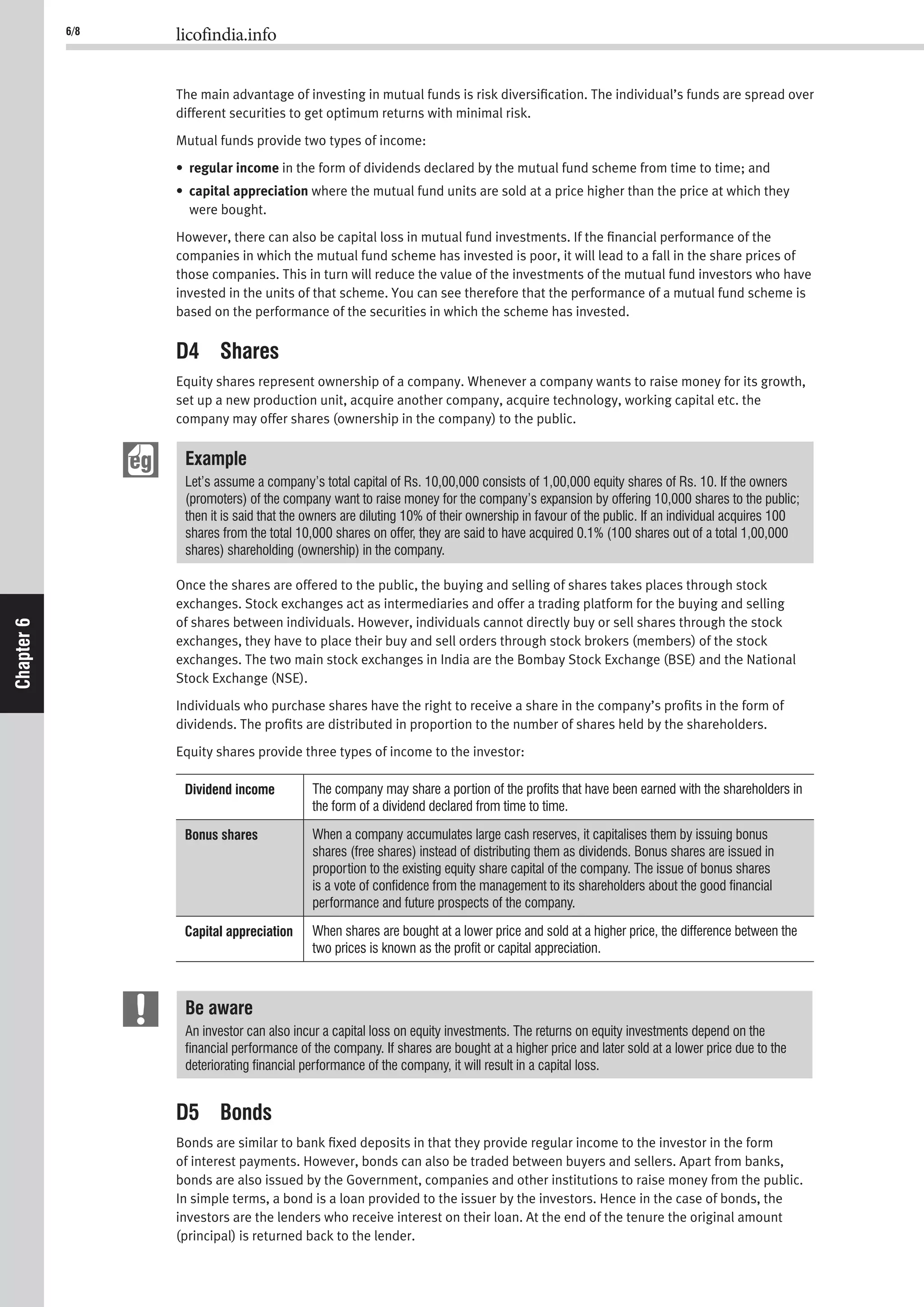 6/8 licofindia.info
Chapter6
The main advantage of investing in mutual funds is risk diversiﬁcation. The individual’s funds are spread over
different securities to get optimum returns with minimal risk.
Mutual funds provide two types of income:
• regular income in the form of dividends declared by the mutual fund scheme from time to time; and
• capital appreciation where the mutual fund units are sold at a price higher than the price at which they
were bought.
However, there can also be capital loss in mutual fund investments. If the ﬁnancial performance of the
companies in which the mutual fund scheme has invested is poor, it will lead to a fall in the share prices of
those companies. This in turn will reduce the value of the investments of the mutual fund investors who have
invested in the units of that scheme. You can see therefore that the performance of a mutual fund scheme is
based on the performance of the securities in which the scheme has invested.
D4 Shares
Equity shares represent ownership of a company. Whenever a company wants to raise money for its growth,
set up a new production unit, acquire another company, acquire technology, working capital etc. the
company may offer shares (ownership in the company) to the public.
Example
Let’s assume a company’s total capital of Rs. 10,00,000 consists of 1,00,000 equity shares of Rs. 10. If the owners
(promoters) of the company want to raise money for the company’s expansion by offering 10,000 shares to the public;
then it is said that the owners are diluting 10% of their ownership in favour of the public. If an individual acquires 100
shares from the total 10,000 shares on offer, they are said to have acquired 0.1% (100 shares out of a total 1,00,000
shares) shareholding (ownership) in the company.
Once the shares are offered to the public, the buying and selling of shares takes places through stock
exchanges. Stock exchanges act as intermediaries and offer a trading platform for the buying and selling
of shares between individuals. However, individuals cannot directly buy or sell shares through the stock
exchanges, they have to place their buy and sell orders through stock brokers (members) of the stock
exchanges. The two main stock exchanges in India are the Bombay Stock Exchange (BSE) and the National
Stock Exchange (NSE).
Individuals who purchase shares have the right to receive a share in the company’s proﬁts in the form of
dividends. The proﬁts are distributed in proportion to the number of shares held by the shareholders.
Equity shares provide three types of income to the investor:
Dividend income The company may share a portion of the proﬁts that have been earned with the shareholders in
the form of a dividend declared from time to time.
Bonus shares When a company accumulates large cash reserves, it capitalises them by issuing bonus
shares (free shares) instead of distributing them as dividends. Bonus shares are issued in
proportion to the existing equity share capital of the company. The issue of bonus shares
is a vote of conﬁdence from the management to its shareholders about the good ﬁnancial
performance and future prospects of the company.
Capital appreciation When shares are bought at a lower price and sold at a higher price, the difference between the
two prices is known as the proﬁt or capital appreciation.
Be aware
An investor can also incur a capital loss on equity investments. The returns on equity investments depend on the
ﬁnancial performance of the company. If shares are bought at a higher price and later sold at a lower price due to the
deteriorating ﬁnancial performance of the company, it will result in a capital loss.
D5 Bonds
Bonds are similar to bank ﬁxed deposits in that they provide regular income to the investor in the form
of interest payments. However, bonds can also be traded between buyers and sellers. Apart from banks,
bonds are also issued by the Government, companies and other institutions to raise money from the public.
In simple terms, a bond is a loan provided to the issuer by the investors. Hence in the case of bonds, the
investors are the lenders who receive interest on their loan. At the end of the tenure the original amount
(principal) is returned back to the lender.
 