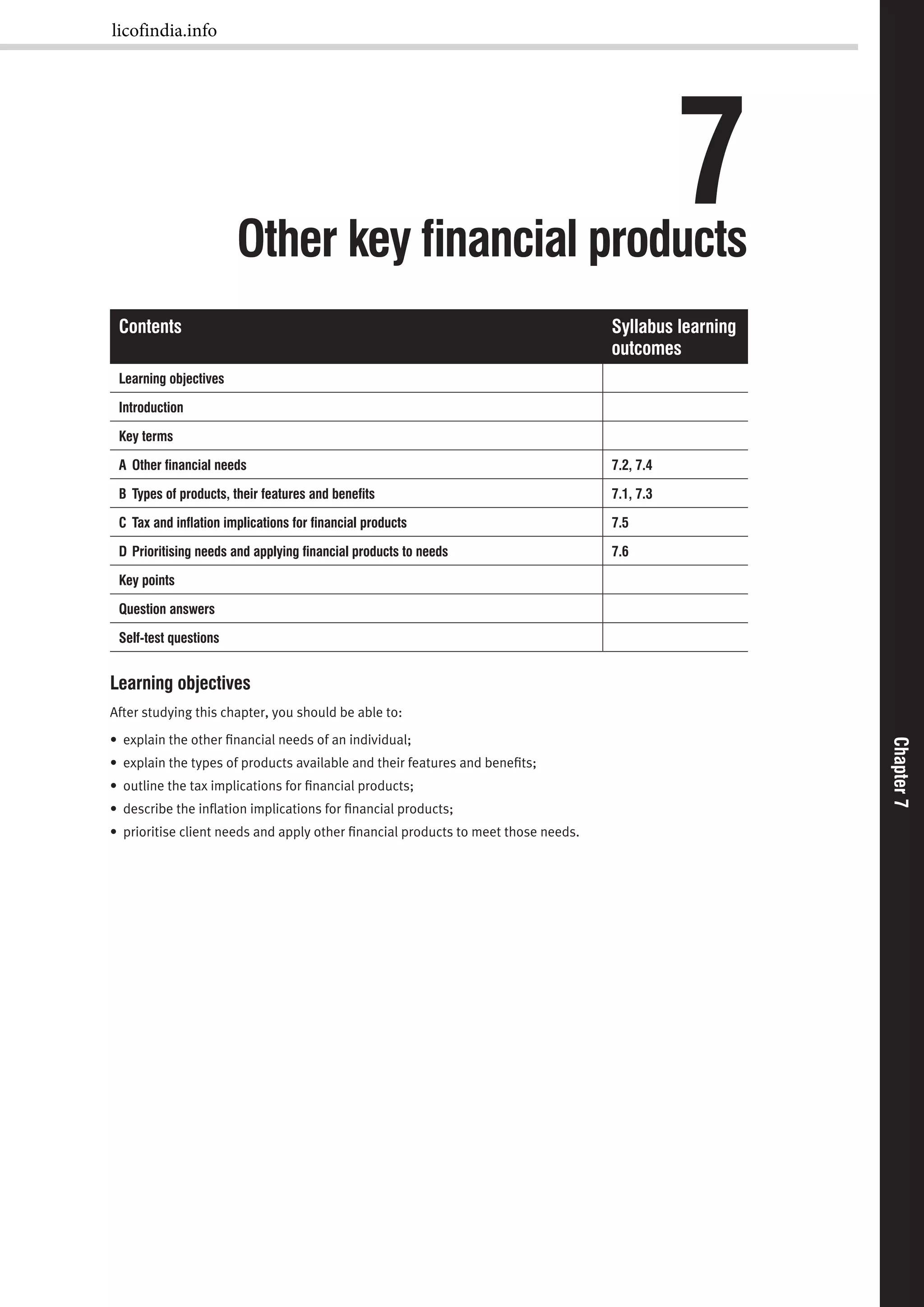 Chapter7Chapter7
7Other key ﬁnancial products
Contents Syllabus learning
outcomes
Learning objectives
Introduction
Key terms
A Other ﬁnancial needs 7.2, 7.4
B Types of products, their features and beneﬁts 7.1, 7.3
C Tax and inﬂation implications for ﬁnancial products 7.5
D Prioritising needs and applying ﬁnancial products to needs 7.6
Key points
Question answers
Self-test questions
Learning objectives
After studying this chapter, you should be able to:
• explain the other ﬁnancial needs of an individual;
• explain the types of products available and their features and beneﬁts;
• outline the tax implications for ﬁnancial products;
• describe the inﬂation implications for ﬁnancial products;
• prioritise client needs and apply other ﬁnancial products to meet those needs.
licofindia.info
 