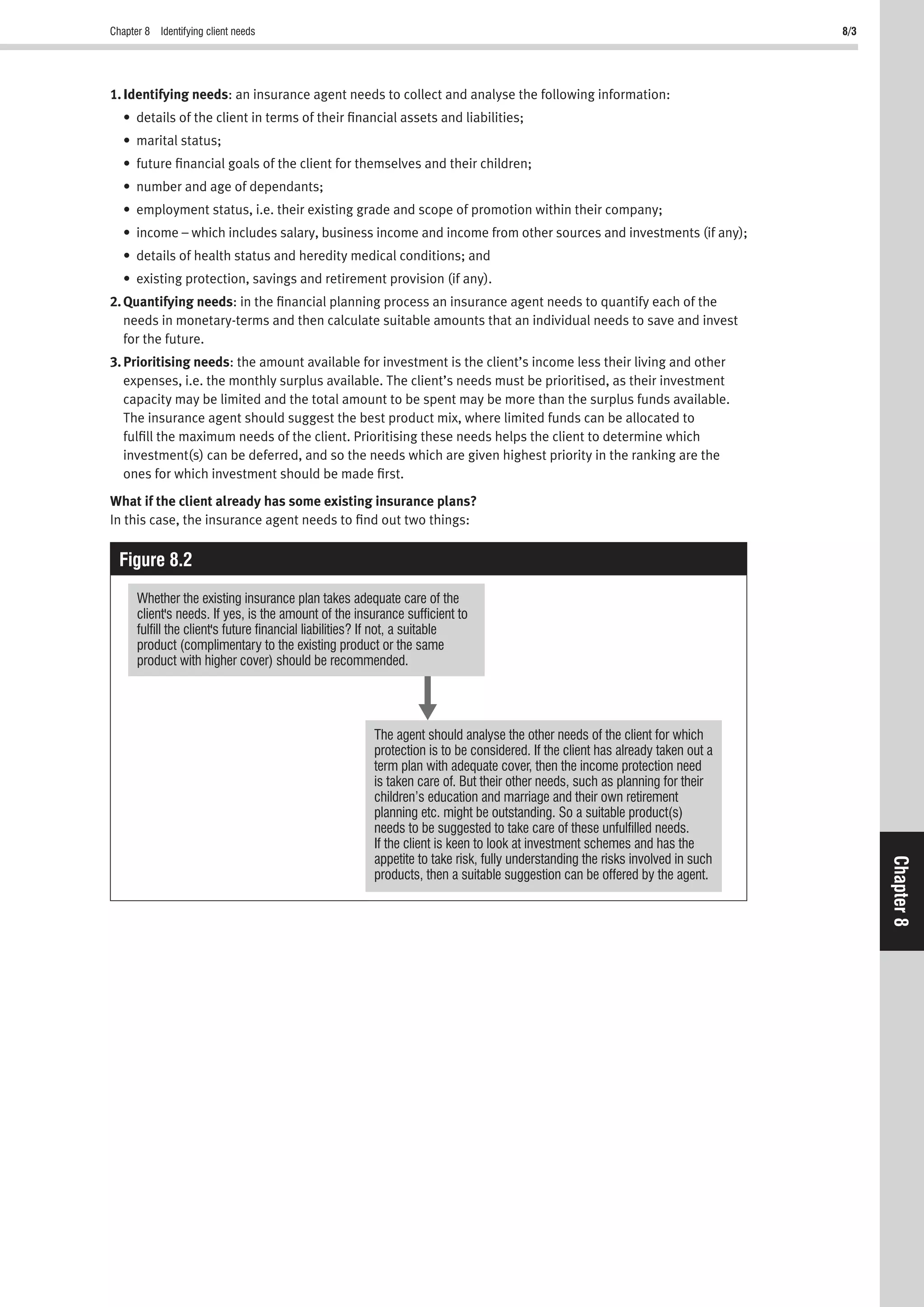 Chapter 8 Identifying client needs 8/3
Chapter8
1.Identifying needs: an insurance agent needs to collect and analyse the following information:
• details of the client in terms of their ﬁnancial assets and liabilities;
• marital status;
• future ﬁnancial goals of the client for themselves and their children;
• number and age of dependants;
• employment status, i.e. their existing grade and scope of promotion within their company;
• income – which includes salary, business income and income from other sources and investments (if any);
• details of health status and heredity medical conditions; and
• existing protection, savings and retirement provision (if any).
2.Quantifying needs: in the ﬁnancial planning process an insurance agent needs to quantify each of the
needs in monetary-terms and then calculate suitable amounts that an individual needs to save and invest
for the future.
3.Prioritising needs: the amount available for investment is the client’s income less their living and other
expenses, i.e. the monthly surplus available. The client’s needs must be prioritised, as their investment
capacity may be limited and the total amount to be spent may be more than the surplus funds available.
The insurance agent should suggest the best product mix, where limited funds can be allocated to
fulﬁll the maximum needs of the client. Prioritising these needs helps the client to determine which
investment(s) can be deferred, and so the needs which are given highest priority in the ranking are the
ones for which investment should be made ﬁrst.
What if the client already has some existing insurance plans?
In this case, the insurance agent needs to ﬁnd out two things:
Figure 8.2
Whether the existing insurance plan takes adequate care of the
client's needs. If yes, is the amount of the insurance sufficient to
fulfill the client's future financial liabilities? If not, a suitable
product (complimentary to the existing product or the same
product with higher cover) should be recommended.
The agent should analyse the other needs of the client for which
protection is to be considered. If the client has already taken out a
term plan with adequate cover, then the income protection need
is taken care of. But their other needs, such as planning for their
children’s education and marriage and their own retirement
planning etc. might be outstanding. So a suitable product(s)
needs to be suggested to take care of these unfulfilled needs.
If the client is keen to look at investment schemes and has the
appetite to take risk, fully understanding the risks involved in such
products, then a suitable suggestion can be offered by the agent.
 