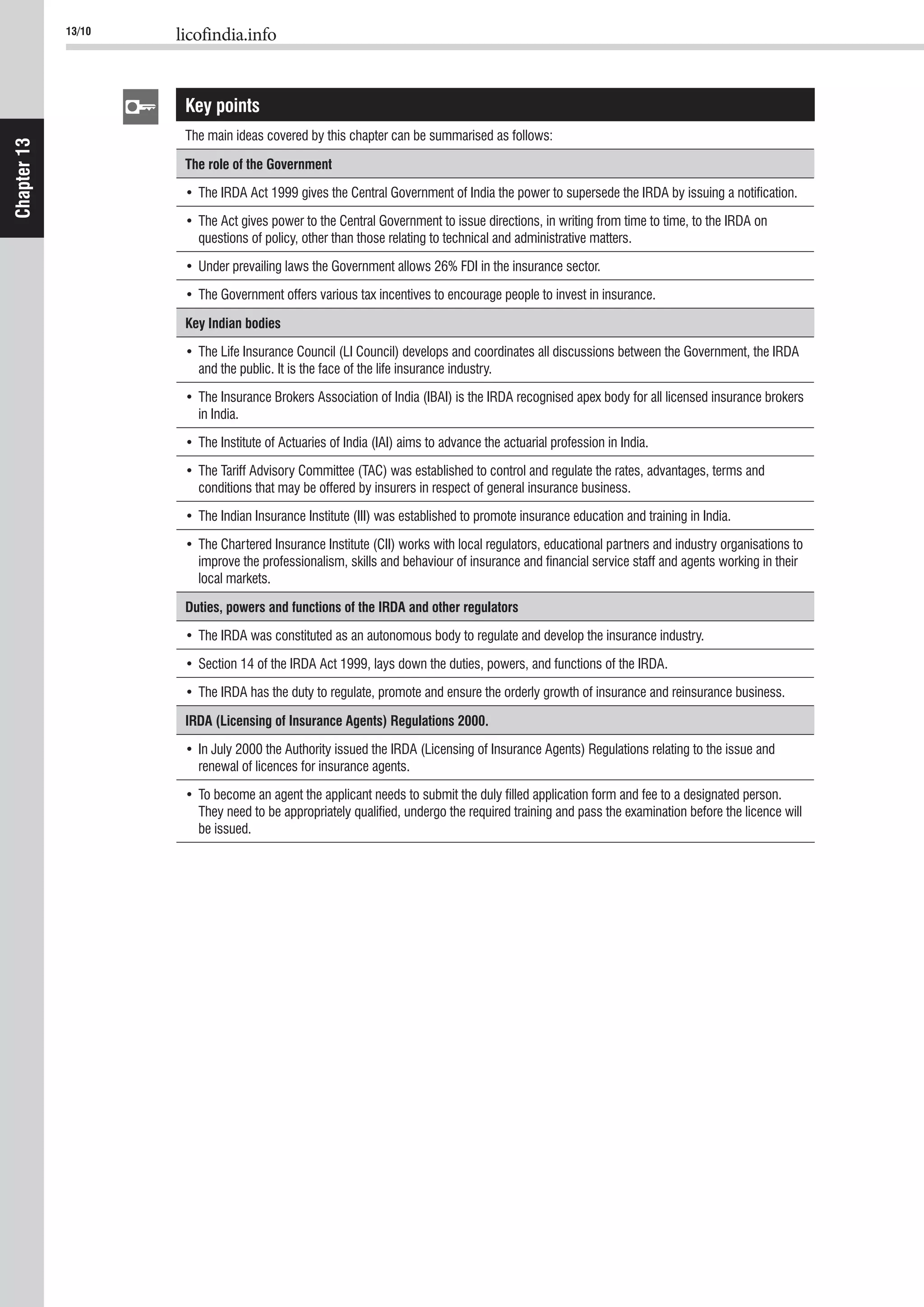 13/10 licofindia.info
Chapter13
Key points
The main ideas covered by this chapter can be summarised as follows:
The role of the Government
questions of policy, other than those relating to technical and administrative matters.
Key Indian bodies
and the public. It is the face of the life insurance industry.
in India.
conditions that may be offered by insurers in respect of general insurance business.
improve the professionalism, skills and behaviour of insurance and ﬁnancial service staff and agents working in their
local markets.
Duties, powers and functions of the IRDA and other regulators
IRDA (Licensing of Insurance Agents) Regulations 2000.
renewal of licences for insurance agents.
They need to be appropriately qualiﬁed, undergo the required training and pass the examination before the licence will
be issued.
 