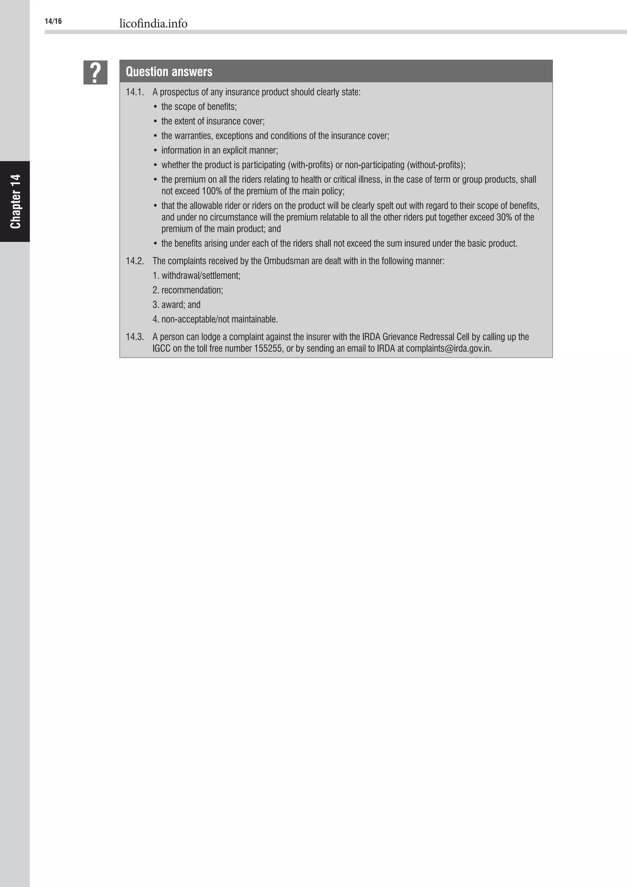 14/16 licofindia.info
Chapter14
Question answers
14.1. A prospectus of any insurance product should clearly state:
and under no circumstance will the premium relatable to all the other riders put together exceed 30% of the
14.2. The complaints received by the Ombudsman are dealt with in the following manner:
4. non-acceptable/not maintainable.
14.3. A person can lodge a complaint against the insurer with the IRDA Grievance Redressal Cell by calling up the
IGCC on the toll free number 155255, or by sending an email to IRDA at complaints@irda.gov.in.
 