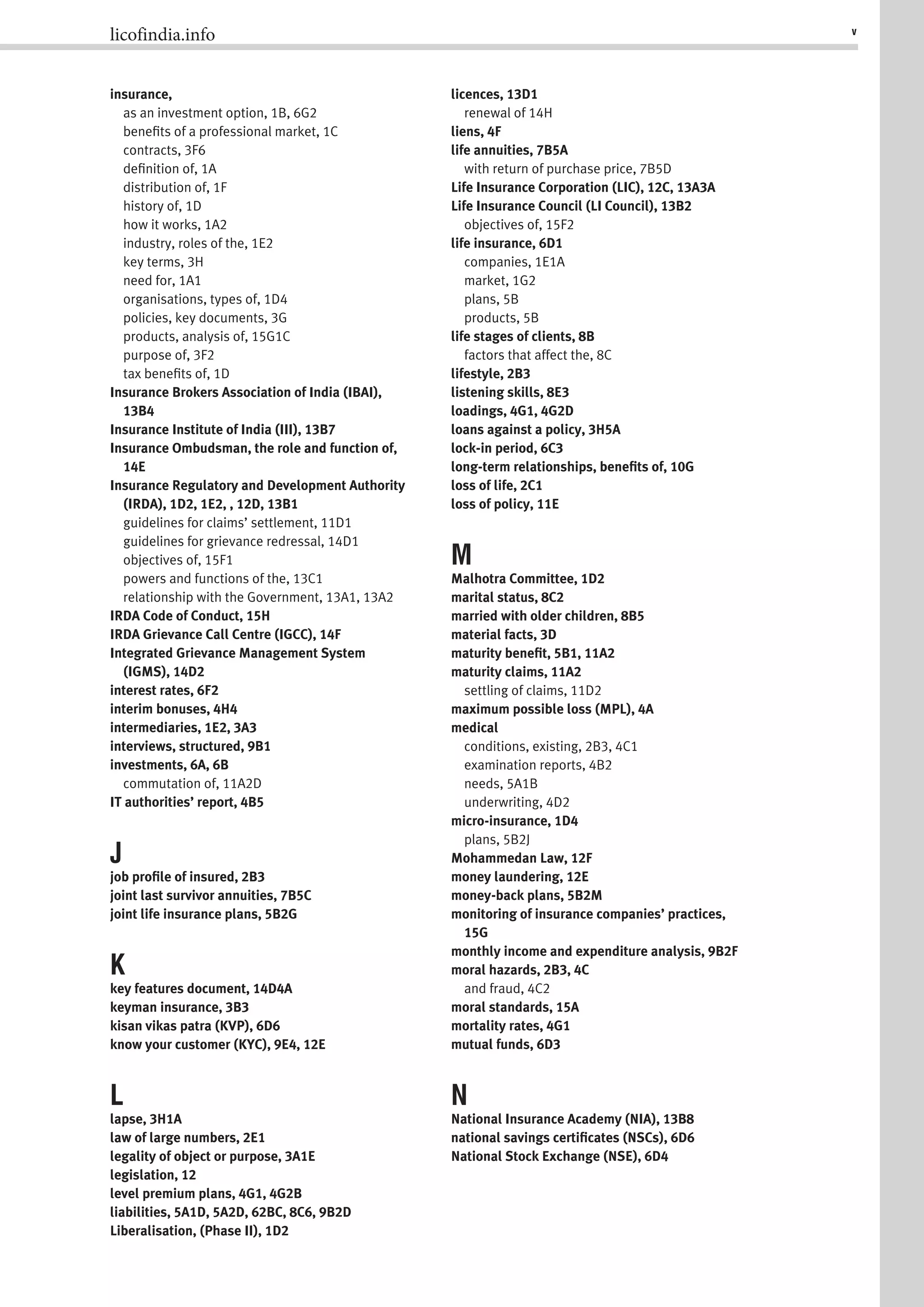 licofindia.info v
insurance,
as an investment option, 1B, 6G2
beneﬁts of a professional market, 1C
contracts, 3F6
deﬁnition of, 1A
distribution of, 1F
history of, 1D
how it works, 1A2
industry, roles of the, 1E2
key terms, 3H
need for, 1A1
organisations, types of, 1D4
policies, key documents, 3G
products, analysis of, 15G1C
purpose of, 3F2
tax beneﬁts of, 1D
Insurance Brokers Association of India (IBAI),
13B4
Insurance Institute of India (III), 13B7
Insurance Ombudsman, the role and function of,
14E
Insurance Regulatory and Development Authority
(IRDA), 1D2, 1E2, , 12D, 13B1
guidelines for claims’ settlement, 11D1
guidelines for grievance redressal, 14D1
objectives of, 15F1
powers and functions of the, 13C1
relationship with the Government, 13A1, 13A2
IRDA Code of Conduct, 15H
IRDA Grievance Call Centre (IGCC), 14F
Integrated Grievance Management System
(IGMS), 14D2
interest rates, 6F2
interim bonuses, 4H4
intermediaries, 1E2, 3A3
interviews, structured, 9B1
investments, 6A, 6B
commutation of, 11A2D
IT authorities’ report, 4B5
J
job proﬁle of insured, 2B3
joint last survivor annuities, 7B5C
joint life insurance plans, 5B2G
K
key features document, 14D4A
keyman insurance, 3B3
kisan vikas patra (KVP), 6D6
know your customer (KYC), 9E4, 12E
L
lapse, 3H1A
law of large numbers, 2E1
legality of object or purpose, 3A1E
legislation, 12
level premium plans, 4G1, 4G2B
liabilities, 5A1D, 5A2D, 62BC, 8C6, 9B2D
Liberalisation, (Phase II), 1D2
licences, 13D1
renewal of 14H
liens, 4F
life annuities, 7B5A
with return of purchase price, 7B5D
Life Insurance Corporation (LIC), 12C, 13A3A
Life Insurance Council (LI Council), 13B2
objectives of, 15F2
life insurance, 6D1
companies, 1E1A
market, 1G2
plans, 5B
products, 5B
life stages of clients, 8B
factors that affect the, 8C
lifestyle, 2B3
listening skills, 8E3
loadings, 4G1, 4G2D
loans against a policy, 3H5A
lock-in period, 6C3
long-term relationships, beneﬁts of, 10G
loss of life, 2C1
loss of policy, 11E
M
Malhotra Committee, 1D2
marital status, 8C2
married with older children, 8B5
material facts, 3D
maturity beneﬁt, 5B1, 11A2
maturity claims, 11A2
settling of claims, 11D2
maximum possible loss (MPL), 4A
medical
conditions, existing, 2B3, 4C1
examination reports, 4B2
needs, 5A1B
underwriting, 4D2
micro-insurance, 1D4
plans, 5B2J
Mohammedan Law, 12F
money laundering, 12E
money-back plans, 5B2M
monitoring of insurance companies’ practices,
15G
monthly income and expenditure analysis, 9B2F
moral hazards, 2B3, 4C
and fraud, 4C2
moral standards, 15A
mortality rates, 4G1
mutual funds, 6D3
N
National Insurance Academy (NIA), 13B8
national savings certiﬁcates (NSCs), 6D6
National Stock Exchange (NSE), 6D4
 