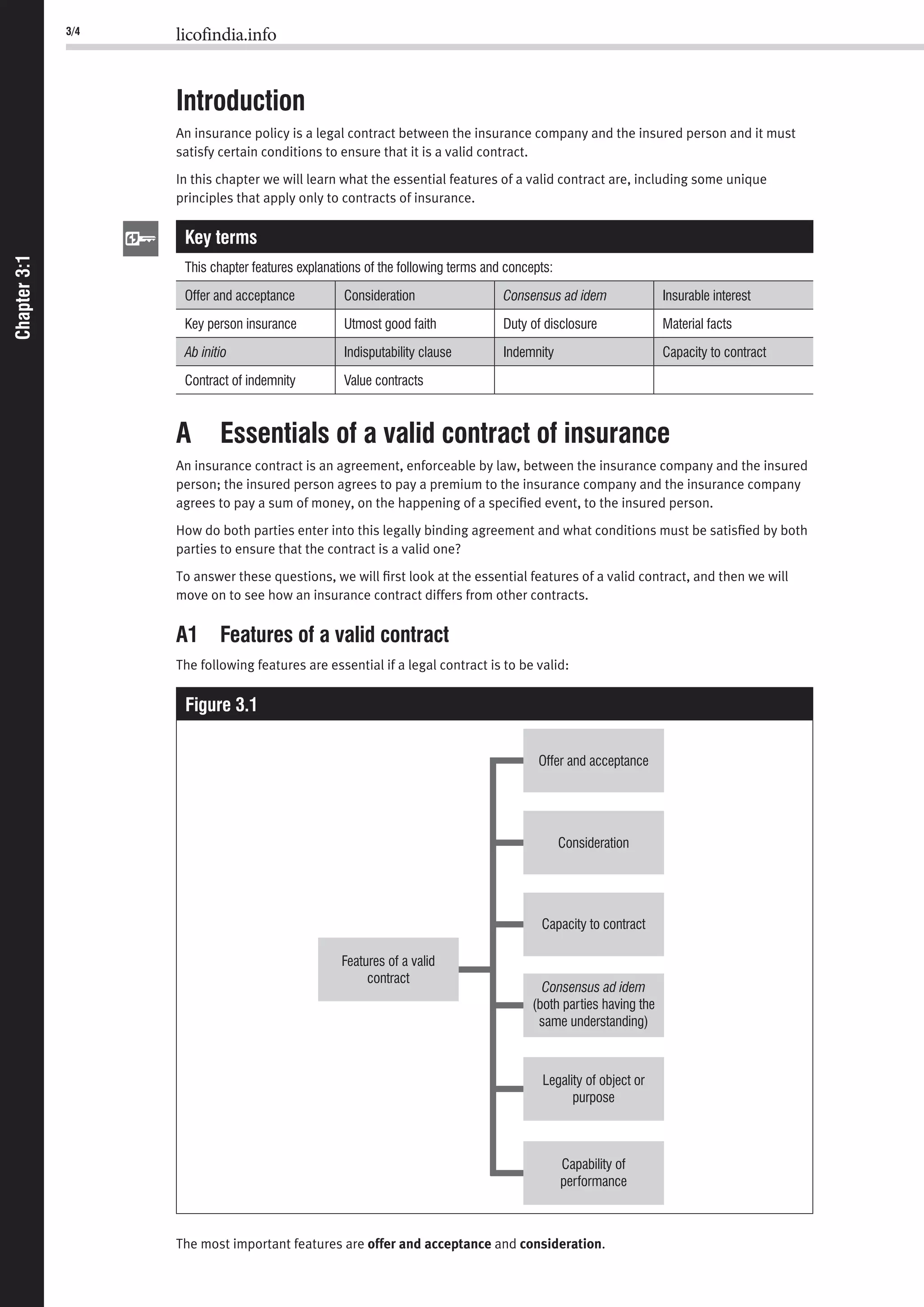 3/4 licofindia.info
Chapter3:1Chapter3:1
Introduction
An insurance policy is a legal contract between the insurance company and the insured person and it must
satisfy certain conditions to ensure that it is a valid contract.
In this chapter we will learn what the essential features of a valid contract are, including some unique
principles that apply only to contracts of insurance.
Key terms
This chapter features explanations of the following terms and concepts:
Offer and acceptance Consideration Consensus ad idem Insurable interest
Key person insurance Utmost good faith Duty of disclosure Material facts
Ab initio Indisputability clause Indemnity Capacity to contract
Contract of indemnity Value contracts
A Essentials of a valid contract of insurance
An insurance contract is an agreement, enforceable by law, between the insurance company and the insured
person; the insured person agrees to pay a premium to the insurance company and the insurance company
agrees to pay a sum of money, on the happening of a speciﬁed event, to the insured person.
How do both parties enter into this legally binding agreement and what conditions must be satisﬁed by both
parties to ensure that the contract is a valid one?
To answer these questions, we will ﬁrst look at the essential features of a valid contract, and then we will
move on to see how an insurance contract differs from other contracts.
A1 Features of a valid contract
The following features are essential if a legal contract is to be valid:
Figure 3.1
Consensus ad idem
(both parties having the
same understanding)
Legality of object or
purpose
Capability of
performance
Capacity to contract
Consideration
Offer and acceptance
Features of a valid
contract
The most important features are offer and acceptance and consideration.
 
