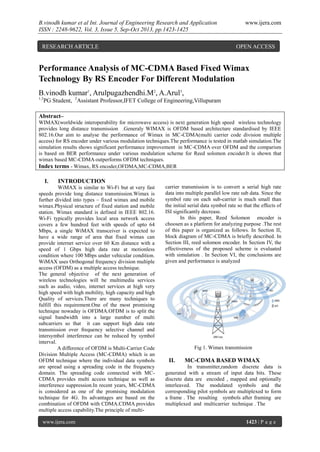 B.vinodh kumar et al Int. Journal of Engineering Research and Application
ISSN : 2248-9622, Vol. 3, Issue 5, Sep-Oct 2013, pp.1423-1425
RESEARCH ARTICLE

www.ijera.com

OPEN ACCESS

Performance Analysis of MC-CDMA Based Fixed Wimax
Technology By RS Encoder For Different Modulation
B.vinodh kumar1, Arulpugazhendhi.M2, A.Arul3,
1,3

PG Student, 2Assistant Professor,IFET College of Engineering,Villupuram

Abstract–
WIMAX(worldwide interoperability for microwave access) is next generation high speed wireless technology
provides long distance transmission .Generaly WIMAX is OFDM based architecture standardised by IEEE
802.16.Our aim to analyse the performance of Wimax in MC-CDMA(multi carrier code division multiple
access) for RS encoder under various modulation techniques.The performance is tested in matlab simulation.The
simulation results shows significant performance improvement in MC-CDMA over OFDM and the comparism
is based on BER performance under various modulation scheme for Reed solomon encoder.It is shown that
wimax based MC-CDMA outperforms OFDM techniques.
Index terms - Wimax, RS encoder,OFDMA,MC-CDMA,BER

I.

INTRODUCTION

WiMAX is similar to Wi-Fi but at very fast
speeds provide long distance transmission.Wimax is
further divided into types – fixed wimax and mobile
wimax.Physical structure of fixed station and mobile
station. Wimax standard is defined in IEEE 802.16.
Wi-Fi typically provides local area network access
covers a few hundred feet with speeds of upto 64
Mbps, a single WiMAX transceiver is expected to
have a wide range of area that fixed wimax can
provide internet service over 60 Km distance with a
speed of 1 Gbps high data rate at motionless
condition where 100 Mbps under vehicular condition.
WiMAX uses Orthogonal frequency division multiple
access (OFDM) as a multiple access technique.
The general objective of the next generation of
wireless technologies will be multimedia services
such as audio, video, internet services at high very
high speed with high mobility, high capacity and high
Quality of services.There are many techniques to
fulfill this requirement.One of the most promising
technique nowaday is OFDMA.OFDM is to split the
signal bandwidth into a large number of multi
subcarriers so that it can support high data rate
transmission over frequency selective channel and
intersymbol interference can be reduced by symbol
interval.
A difference of OFDM is Multi-Carrier Code
Division Multiple Access (MC-CDMA) which is an
OFDM technique where the individual data symbols
are spread using a spreading code in the frequency
domain. The spreading code connected with MCCDMA provides multi access technique as well as
interference suppression.In recent years, MC-CDMA
is considered as one of the promising modulation
technique for 4G. Its advantages are based on the
combination of OFDM with CDMA.CDMA provides
multiple access capability.The principle of multiwww.ijera.com

carrier transmission is to convert a serial high rate
data into multiple parallel low rate sub data. Since the
symbol rate on each sub-carrier is much small than
the initial serial data symbol rate so that the effects of
ISI significantly decrease.
In this paper, Reed Solomon encoder is
choosen as a platform for analyzing purpose .The rest
of this paper is organized as follows. In Section II,
block diagram of MC-CDMA is briefly described. In
Section III, reed solomon encoder. In Section IV, the
effectiveness of the proposed scheme is evaluated
with simulation . In Section VI, the conclusions are
given and performance is analyzed

Fig 1. Wimax transmission

II.

MC-CDMA BASED WIMAX

In transmitter,random discrete data is
generated with a stream of input data bits. These
discrete data are encoded , mapped and optionally
interleaved. The modulated symbols and the
corresponding pilot symbols are multiplexed to form
a frame . The resulting symbols after framing are
multiplexed and multicarrier technique . The
1423 | P a g e

 