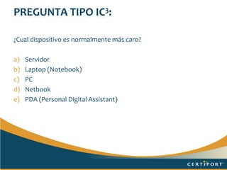 Camino hacia la alfabetización digitalDiagnóstico(Benchmark)Plan de entrenamiento / Material de Estudio(Mentor)Simulador(Certiprep)Certificación IC3Pruebas de conocimiento basados en el plan de estudio de IC3. Simulador, para familiarizar al estudiante con la certificación  IC3.Alcanzar la acreditación, Estándar Internacional.Evaluación dinámica que incluye 4 niveles.