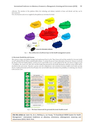 International Conference on eBusiness, eCommerce, eManagement, eLearning and eGovernance [IC5E] 61
Cite this article as: Liwen He, Jie Li, Weifeng Lu, Jun Huang. “A Cloud-Based WBAN System for Health
Management.” International Conference on eBusiness, eCommerce, eManagement, eLearning and
eGovernance (2015): 58-67. Print.
collection. The interfaces of the platform follow the technology and industry standards at home and abroad, and they can be
interconnected.
Next, the functions and services supplied by this platform are introduced in detail.
Fig. 3. The architecture of software layer in the health management system
A. Electronic Health Records System.
This system is a large-scale database designed and implemented based on the "Basic framework and data standard for electronic health
record" authorized by the Chinese national health ministry. It contains the person’s basic information, the person’s diseases record and
the abstract of his/her health problems, and the person’s main health service records within his/her life cycle shown in Figures 4 and
5. In addition, the system can collect the real-time health data generated by the health information collection system which will be
described in the next section. Therefore a person owns the comprehensive and centralized electronic health record which can help
doctors, health professionals and his/herself analyze the current health status and estimate the probability of conducting some diseases
in the next few years.
Fig. 4. The basic framework for personal electronic health record
 