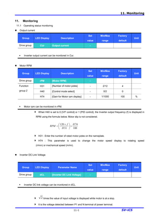11. Monitoring
11-1 SV-iC5
11. Monitoring
11.1 Operating status monitoring
l Output current
Group LED Display Description
Set
value
Min/Max
range
Factory
default
Unit
Drive group CUr Output current -
§ Inverter output current can be monitored in Cur.
l Motor RPM
Group LED Display Description
Set
value
Min/Max
range
Factory
default
Unit
Drive group rPM [Motor RPM] -
H31 [Number of motor poles] - 2/12 4
H40 [Control mode select] - 0/2 0
Function
group 2
H74 [Gain for Motor rpm display] - 1/1000 100 %
§ Motor rpm can be monitored in rPM.
4 When H40 is set to 0 {V/F control} or 1 {PID control}, the Inverter output frequency (f) is displayed in
RPM using the formula below. Motor slip is not considered.
4 H31 : Enter the number of rated motor poles on the nameplate.
4 H74 : This parameter is used to change the motor speed display to rotating speed
(r/min) or mechanical speed (m/mi).
l Inverter DC Link Voltage
Group LED Display Parameter Name
Set
value
Min/Max
range
Factory
default
Unit
Drive group dCL [Inverter DC Link Voltage] -
§ Inverter DC link voltage can be monitored in dCL.
4 2 times the value of input voltage is displayed while motor is at a stop.
4 It is the voltage detected between P1 and N terminal of power terminal.
100
74
31
120 H
H
f
RPM ´÷
ø
ö
ç
è
æ ´
=
 