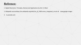 Refrence:
1. Digital Electronics Principles, Devices and Applications by Anil. K. Miani
2. Wikipedia sourceshttps://en.wikipedia.org/wiki/List_of_7400-series_integrated_circuits & www.google images
3. in.youtube.com
 