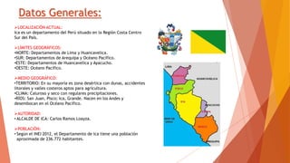 Datos Generales:
LOCALIZACIÓN ACTUAL:
Ica es un departamento del Perú situado en la Región Costa Centro
Sur del País.
LÍMITES GEOGRÁFICOS:
•NORTE: Departamentos de Lima y Huancavelica.
•SUR: Departamentos de Arequipa y Océano Pacífico.
•ESTE: Departamentos de Huancavelica y Ayacucho.
•OESTE: Océano Pacífico.
MEDIO GEOGRÁFICO:
•TERRITORIO: En su mayoría es zona desértica con dunas, accidentes
litorales y valles costeros aptos para agricultura.
•CLIMA: Caluroso y seco con regulares precipitaciones.
•RÍOS: San Juan, Pisco; Ica, Grande. Nacen en los Andes y
desembocan en el Océano Pacífico.
AUTORIDAD:
• ALCALDE DE ICA: Carlos Ramos Loayza.
POBLACIÓN:
• Según el INEI 2012, el Departamento de Ica tiene una población
aproximada de 236.772 habitantes.
 