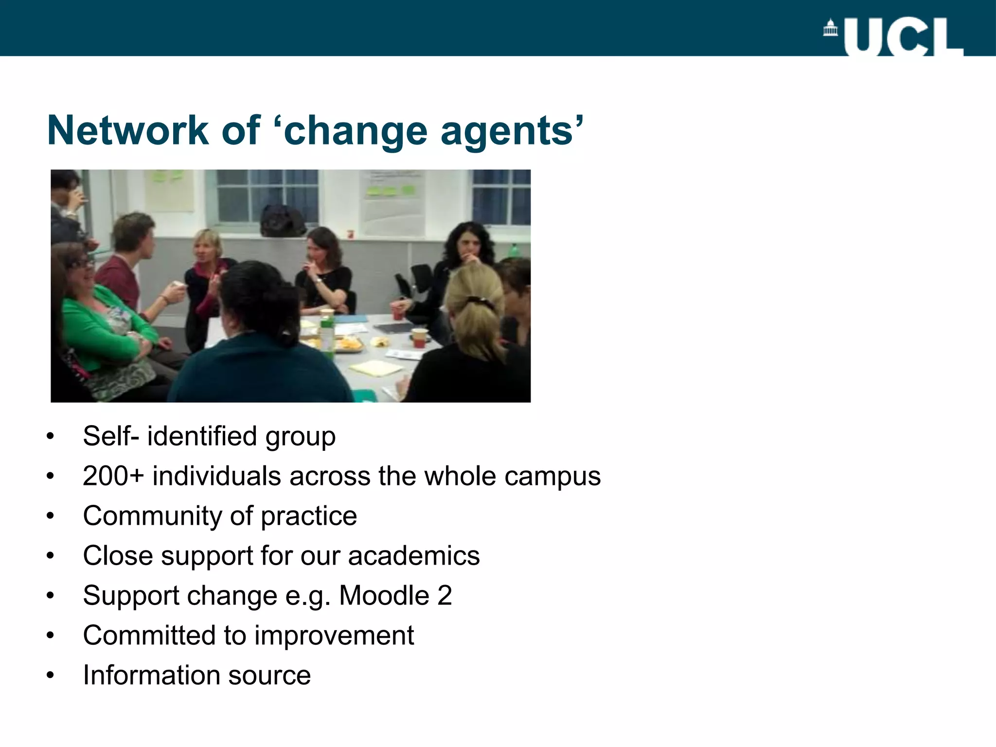 Network of „change agents‟




•   Self- identified group
•   200+ individuals across the whole campus
•   Community of practice
•   Close support for our academics
•   Support change e.g. Moodle 2
•   Committed to improvement
•   Information source
 