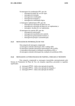 ICA 100-15/2012 13/52
b) mensagens de coordenação (FF), que são:
- mensagem de plano de voo em vigor;
- mensagem de estimado;
- mensagem de coordenação;
- mensagem de aceitação; e
- mensagem de confirmação lógica.
c) mensagens suplementares (FF), que são:
- mensagem de solicitação de plano de voo;
- mensagem de solicitação de plano de voo suplementar; e
- mensagem de plano de voo suplementar.
d) mensagens de controle (FF), que são:
- mensagem de autorização;
- mensagem de transferência de controle;
- mensagem de gerenciamento de fluxo; e
- mensagem de posição e aeronotificação.
3.1.3 MENSAGEM DE INFORMAÇÃO DE VOO
Esta categoria de mensagens compreende:
a) mensagem contendo informação sobre o tráfego (FF);
b) mensagem contendo informação meteorológica (FF ou GG);
c) mensagem relacionada às instalações aeronáuticas (GG); e
d) mensagem contendo informação das condições de aeródromo (GG).
3.1.4 MENSAGENS AUTOMATIZADAS DE PARTIDA, CHEGADA E TRÂNSITO
Esta categoria compreende as mensagens transmitidas automaticamente pelo
Sistema de Tratamento de Plano de Voo, em situações específicas, possuindo os seguintes
significados:
a) mensagem FPVD – indica uma operação de partida;
b) mensagem FPVA – indica uma operação de chegada; e
c) mensagem FPVT – indica uma operação de trânsito.
 