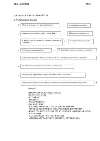 ICA 100-15/2012 35/52
5.6.1 MENSAGENS DE EMERGÊNCIA
5.6.1.1 Mensagem de Alerta
Exemplo:
(ALR-INCERFA/SBCTZTZX/ATRASO
- GLO9351/A3125-IS
- B737/M-S/C
- SBCT1020
- N0440F290 UW24
- SBPA0105 SBFL
- REG/PTLXF OPR/GOL LINHAS AEREAS RMK/NO
INFORME POSIÇÃO DE 5 MINUTOS DEPOIS DA PARTIDA
- E/0400 P/96 R/UV J/LF D/04 025 C LARANJA A/BRANCA E AZUL
C/ROBERTO
- GLO SBCTZAZX 1255 119.7 CTB 1255
ÓRGÃOS ATS TMA PORTO ALEGRE ALERTADOS NIL)
3 Tipo de mensagem, nº e dados de referência 5 Descrição da emergência
7 Identificação da aeronave, modo e código SSR 8 Regras de voo e tipo de voo
9 Número, tipo de aeronave e categoria da esteira de
turbulência
10 Equipamento e capacidades
13 Aeródromo de partida e hora 15 Rota (utilizar mais de uma linha, se necessário)
16 Aeródromo de destino, duração total prevista de voo e aeródromo(s) de alternativa de destino
18 Outros dados (utilizar mais de uma linha, se necessário)
19 Informações suplementares (utilizar mais de uma linha, se necessário)
20 Informação de alerta relativa a busca e salvamento (utilizar mais de uma linha, se necessário)
(
)
 