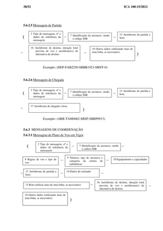 38/52 ICA 100-15/2012
5.6.2.5 Mensagem de Partida
Exemplo: (DEP-FAB2250-SBBR1923-SBNT-0)
5.6.2.6 Mensagem de Chegada
Exemplo: (ARR-TAM4062-SBSP-SBRP0913)
5.6.3 MENSAGENS DE COORDENAÇÃO
5.6.3.1 Mensagem de Plano de Voo em Vigor
7 Identificação da aeronave, modo
e código SSR
13 Aeródromo de partida e
hora
3 Tipo de mensagem, nº e
dados de referência da
mensagem
17 Aeródromo de chegada e hora
(
)
7 Identificação da aeronave, modo
e código SSR
13 Aeródromo de partida e
hora
3 Tipo de mensagem, nº e
dados de referência da
mensagem
16 Aeródromo de destino, duração total
prevista de voo e aeródromo(s) de
alternativa de destino
(
)
18 Outros dados (utilizando mais de
uma linha, se necessário)
3 Tipo de mensagem, nº e
dados de referência da
mensagem
( 7 Identificação da aeronave, modo
e código SSR
8 Regras de voo e tipo de
voo
9 Número, tipo de aeronave e
categoria da esteira de
turbulência
10 Equipamento e capacidades
13 Aeródromo de partida e
hora
14 Dados de estimado
15 Rota (utilizar mais de uma linha, se necessário)
16 Aeródromo de destino, duração total
prevista de voo e aeródromo(s) de
alternativa de destino
18 Outros dados (utilizando mais de
uma linha, se necessário)
)
 