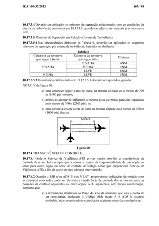 ICA 100-37/2013 163/188
10.17.3.4 Deverão ser aplicados os mínimos de separação relacionados com as condições de
esteira de turbulência, constantes em 10.17.3.5, quando excederem os mínimos previstos neste
item.
10.17.3.5 Mínimos de Separação em Relação à Esteira de Turbulência
10.17.3.5.1 Nas circunstâncias dispostas na Tabela 6, deverão ser aplicados os seguintes
mínimos de separação por esteira de turbulência, baseados na distância.
Tabela 6
Categoria da aeronave
que segue à frente
Categoria da aeronave
que segue atrás
Mínimos
PESADA
PESADA 4NM
MÉDIA 5NM
LEVE 6NM
MÉDIA LEVE 5NM
10.17.3.5.2 Os mínimos estabelecidos em 10.17.3.5.1 deverão ser aplicados, quando:
NOTA: Vide figura 60.
a) uma aeronave seguir a rota de outra, na mesma altitude ou a menos de 300
m (1000 pés) abaixo;
b) ambas as aeronaves utilizarem a mesma pista ou pistas paralelas separadas
pelo menos de 760m (2500 pés); ou
c) uma aeronave cruzar a rota de outra na mesma altitude ou a menos de 300 m
(1000 pés) abaixo.
Figura 60
10.17.4 TRANSFERÊNCIA DE CONTROLE
10.17.4.1 Onde o Serviço de Vigilância ATS estiver sendo provido, a transferência de
controle deve ser feita sempre que a aeronave passar da responsabilidade de um órgão ou
setor para outro órgão ou setor de controle de tráfego aéreo que proporcione Serviço de
Vigilância ATS, a fim de que o serviço não seja interrompido.
10.17.4.2 Quando o SSR e/ou ADS-B e/ou MLAT proporcionar indicações de posição com
as etiquetas associadas, pode ser efetuada a transferência de controle das aeronaves entre as
posições de controle adjacentes ou entre órgãos ATC adjacentes, sem prévia coordenação,
contanto que:
a) a informação atualizada do Plano de Voo da aeronave que está a ponto de
ser transferida, incluindo o Código SSR modo S e ADS-B discreto
atribuído, seja comunicada ao controlador aceitante antes da transferência;
 