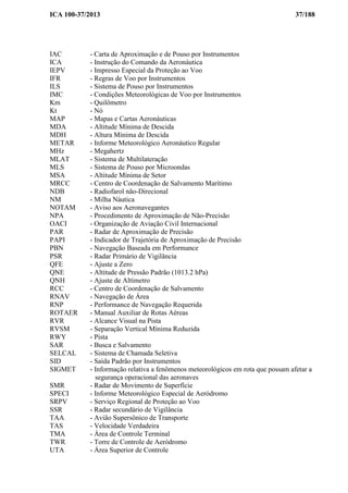 ICA 100-37/2013 37/188
IAC - Carta de Aproximação e de Pouso por Instrumentos
ICA - Instrução do Comando da Aeronáutica
IEPV - Impresso Especial da Proteção ao Voo
IFR - Regras de Voo por Instrumentos
ILS - Sistema de Pouso por Instrumentos
IMC - Condições Meteorológicas de Voo por Instrumentos
Km - Quilômetro
Kt - Nó
MAP - Mapas e Cartas Aeronáuticas
MDA - Altitude Mínima de Descida
MDH - Altura Mínima de Descida
METAR - Informe Meteorológico Aeronáutico Regular
MHz - Megahertz
MLAT - Sistema de Multilateração
MLS - Sistema de Pouso por Microondas
MSA - Altitude Mínima de Setor
MRCC - Centro de Coordenação de Salvamento Marítimo
NDB - Radiofarol não-Direcional
NM - Milha Náutica
NOTAM - Aviso aos Aeronavegantes
NPA - Procedimento de Aproximação de Não-Precisão
OACI - Organização de Aviação Civil Internacional
PAR - Radar de Aproximação de Precisão
PAPI - Indicador de Trajetória de Aproximação de Precisão
PBN - Navegação Baseada em Performance
PSR - Radar Primário de Vigilância
QFE - Ajuste a Zero
QNE - Altitude de Pressão Padrão (1013.2 hPa)
QNH - Ajuste de Altímetro
RCC - Centro de Coordenação de Salvamento
RNAV - Navegação de Área
RNP - Performance de Navegação Requerida
ROTAER - Manual Auxiliar de Rotas Aéreas
RVR - Alcance Visual na Pista
RVSM - Separação Vertical Mínima Reduzida
RWY - Pista
SAR - Busca e Salvamento
SELCAL - Sistema de Chamada Seletiva
SID - Saída Padrão por Instrumentos
SIGMET - Informação relativa a fenômenos meteorológicos em rota que possam afetar a
segurança operacional das aeronaves
SMR - Radar de Movimento de Superfície
SPECI - Informe Meteorológico Especial de Aeródromo
SRPV - Serviço Regional de Proteção ao Voo
SSR - Radar secundário de Vigilância
TAA - Avião Supersônico de Transporte
TAS - Velocidade Verdadeira
TMA - Área de Controle Terminal
TWR - Torre de Controle de Aeródromo
UTA - Área Superior de Controle
 
