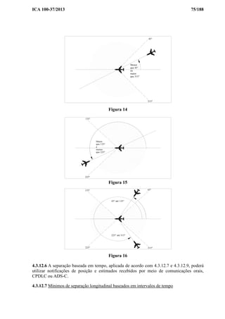 ICA 100-37/2013 75/188
Menor
que 45°
ou
maior
que 315°
45°
315°
Figura 14
Maior
que 135°
e
menor
que 225°
135°
225°
Figura 15
45°
315°
45° até 135°
225° até 315°
135°
225°
Figura 16
4.3.12.6 A separação baseada em tempo, aplicada de acordo com 4.3.12.7 e 4.3.12.9, poderá
utilizar notificações de posição e estimados recebidos por meio de comunicações orais,
CPDLC ou ADS-C.
4.3.12.7 Mínimos de separação longitudinal baseados em intervalos de tempo
 