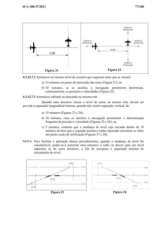 ICA 100-37/2013 77/188
Figura 21 Figura 22
4.3.12.7.2 Aeronaves no mesmo nível de cruzeiro que seguirem rotas que se cruzam
a) 15 minutos no ponto de interseção das rotas (Figura 21); ou
b) 10 minutos, se os auxílios à navegação permitirem determinar,
continuamente, as posições e velocidades (Figura 22).
4.3.12.7.3 Aeronaves subindo ou descendo na mesma rota
Quando uma aeronave cruzar o nível de outra, na mesma rota, deverá ser
provida a separação longitudinal mínima, quando não existir separação vertical, de:
a) 15 minutos (Figuras 23 e 24);
b) 10 minutos, caso os auxílios à navegação permitirem a determinação
frequente de posição e velocidade (Figuras 25 e 26); ou
c) 5 minutos, contanto que a mudança de nível seja iniciada dentro de 10
minutos da hora que a segunda aeronave tenha reportado encontrar-se sobre
um ponto exato de notificação (Figuras 27 e 28).
NOTA: Para facilitar a aplicação desses procedimentos, quando a mudança de nível for
considerável, poder-se-á autorizar uma aeronave a subir ou descer para um nível
adjacente ao da outra aeronave, a fim de assegurar a separação mínima no
cruzamento do nível.
Figura 23
15 min
15 min
15 min
FL 260
FL 250
FL 240
Figura 24
 