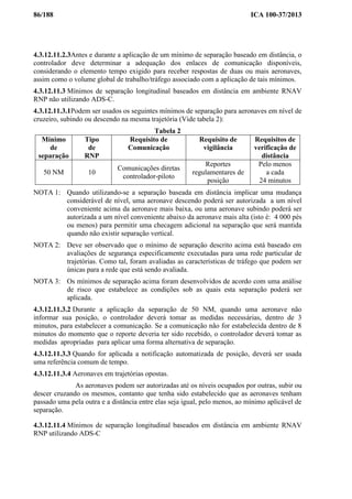 86/188 ICA 100-37/2013
4.3.12.11.2.3Antes e durante a aplicação de um mínimo de separação baseado em distância, o
controlador deve determinar a adequação dos enlaces de comunicação disponíveis,
considerando o elemento tempo exigido para receber respostas de duas ou mais aeronaves,
assim como o volume global de trabalho/tráfego associado com a aplicação de tais mínimos.
4.3.12.11.3 Mínimos de separação longitudinal baseados em distância em ambiente RNAV
RNP não utilizando ADS-C.
4.3.12.11.3.1Podem ser usados os seguintes mínimos de separação para aeronaves em nível de
cruzeiro, subindo ou descendo na mesma trajetória (Vide tabela 2):
Tabela 2
Mínimo
de
separação
Tipo
de
RNP
Requisito de
Comunicação
Requisito de
vigilância
Requisitos de
verificação de
distância
50 NM 10
Comunicações diretas
controlador-piloto
Reportes
regulamentares de
posição
Pelo menos
a cada
24 minutos
NOTA 1: Quando utilizando-se a separação baseada em distância implicar uma mudança
considerável de nível, uma aeronave descendo poderá ser autorizada a um nível
conveniente acima da aeronave mais baixa, ou uma aeronave subindo poderá ser
autorizada a um nível conveniente abaixo da aeronave mais alta (isto é: 4 000 pés
ou menos) para permitir uma checagem adicional na separação que será mantida
quando não existir separação vertical.
NOTA 2: Deve ser observado que o mínimo de separação descrito acima está baseado em
avaliações de segurança especificamente executadas para uma rede particular de
trajetórias. Como tal, foram avaliadas as características de tráfego que podem ser
únicas para a rede que está sendo avaliada.
NOTA 3: Os mínimos de separação acima foram desenvolvidos de acordo com uma análise
de risco que estabelece as condições sob as quais esta separação poderá ser
aplicada.
4.3.12.11.3.2 Durante a aplicação da separação de 50 NM, quando uma aeronave não
informar sua posição, o controlador deverá tomar as medidas necessárias, dentro de 3
minutos, para estabelecer a comunicação. Se a comunicação não for estabelecida dentro de 8
minutos do momento que o reporte deveria ter sido recebido, o controlador deverá tomar as
medidas apropriadas para aplicar uma forma alternativa de separação.
4.3.12.11.3.3 Quando for aplicada a notificação automatizada de posição, deverá ser usada
uma referência comum de tempo.
4.3.12.11.3.4 Aeronaves em trajetórias opostas.
As aeronaves podem ser autorizadas até os níveis ocupados por outras, subir ou
descer cruzando os mesmos, contanto que tenha sido estabelecido que as aeronaves tenham
passado uma pela outra e a distância entre elas seja igual, pelo menos, ao mínimo aplicável de
separação.
4.3.12.11.4 Mínimos de separação longitudinal baseados em distância em ambiente RNAV
RNP utilizando ADS-C
 